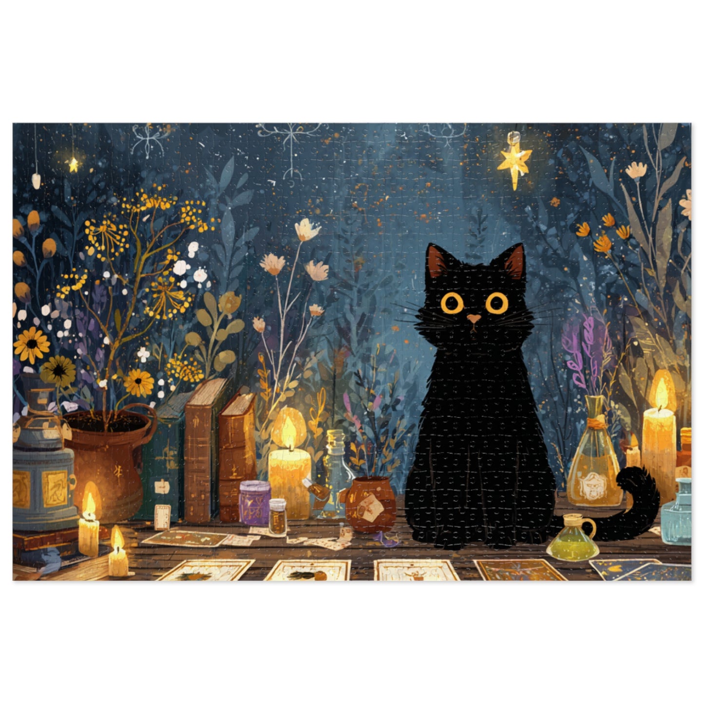 Enchanted Black Cat Puzzle with Tarot, Candles, and Spellbinding Herbs in A Gift Tin. Gift for Cat lovers, Halloween Gift Puzzle