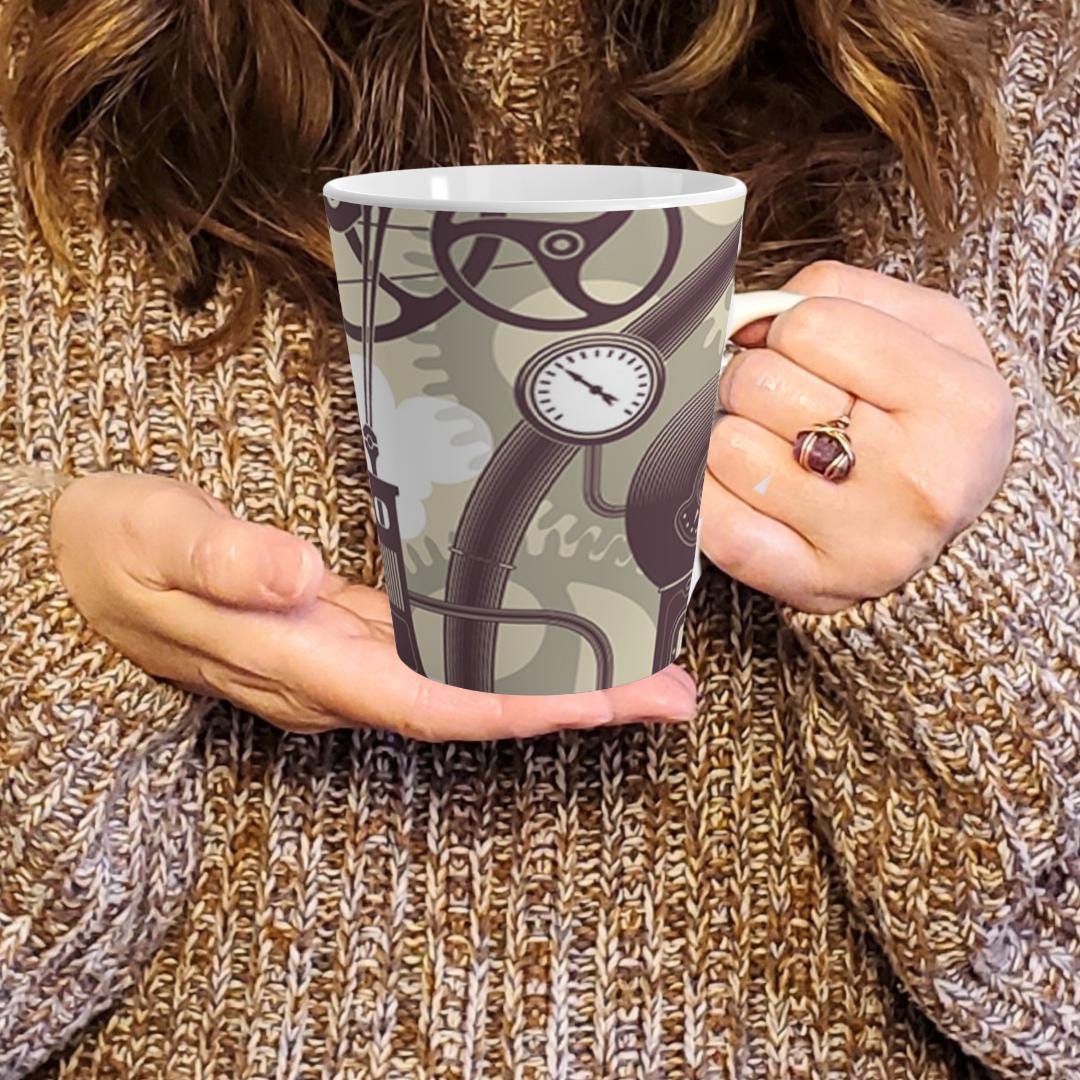 Steampunk Latte Mug - Vintage Industrial Design, Coffee Lover Gift, Unique Cup for Home, Office, Birthday, and Holidays