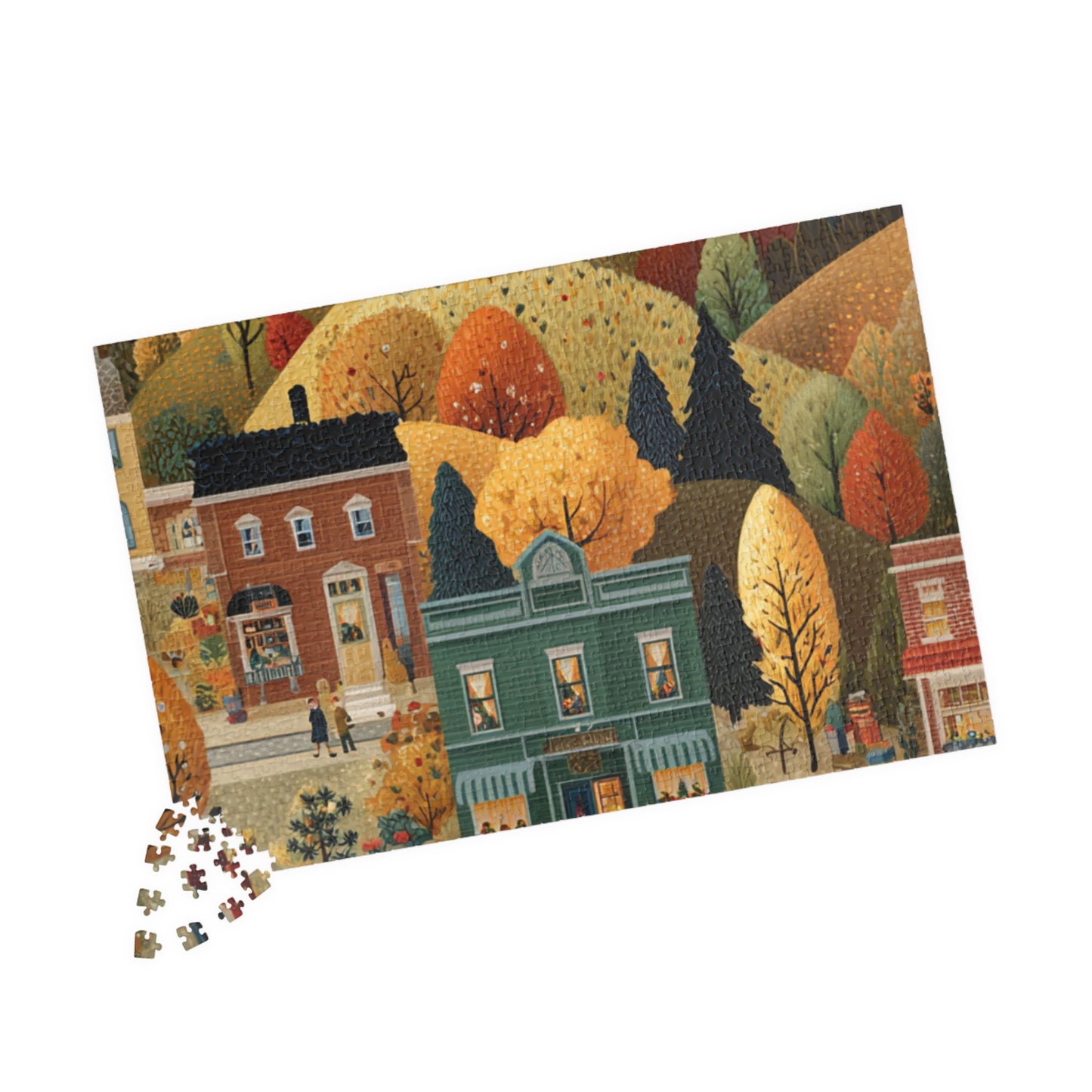 Whispering Pines Village Puzzle | Autumn Mountain Countryside Scene | Cozy Fall Jigsaw Gift | Jazz N’ Coffee Puzzles