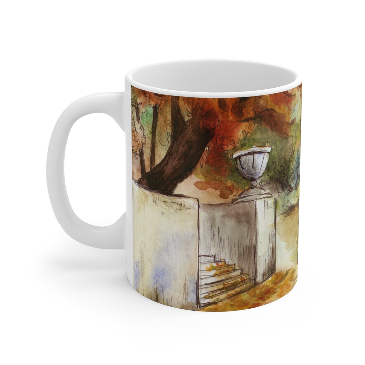 Romantic Autumn Stroll Coffee Mug — 11oz Scenic Park Watercolor Mug