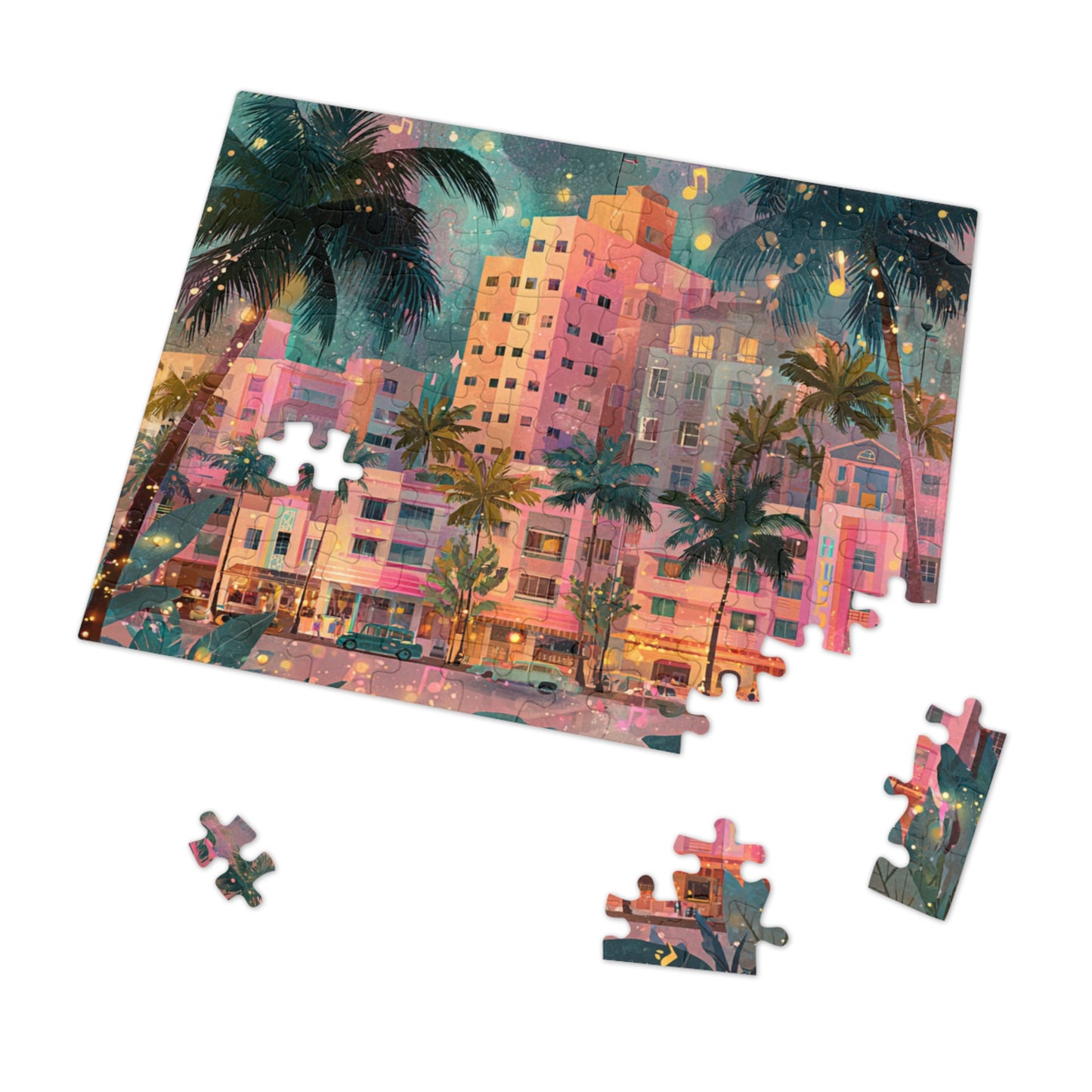 Whimsical Pastel Miami Puzzle – A Dreamy Tropical Escape-Jigsaw Puzzle with Tin