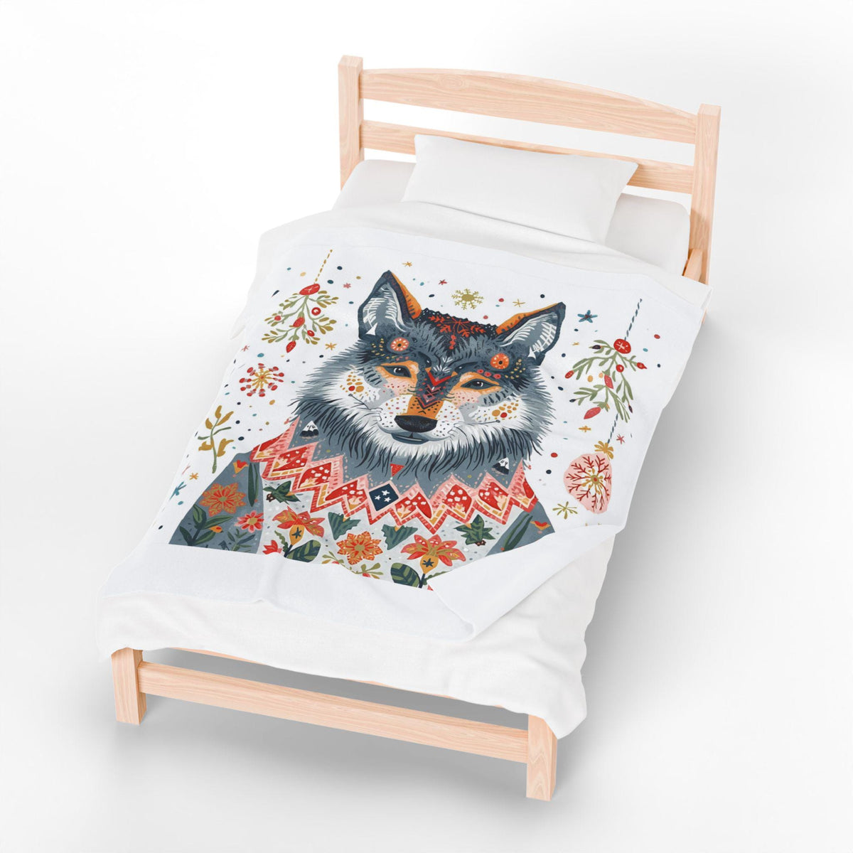 Whimsical Holiday Wolf Sherpa Fleece Blanket | Cozy Winter Throw | Soft Plush Christmas Blanket| Cute Wolf in Sweater | Festive Home Decor