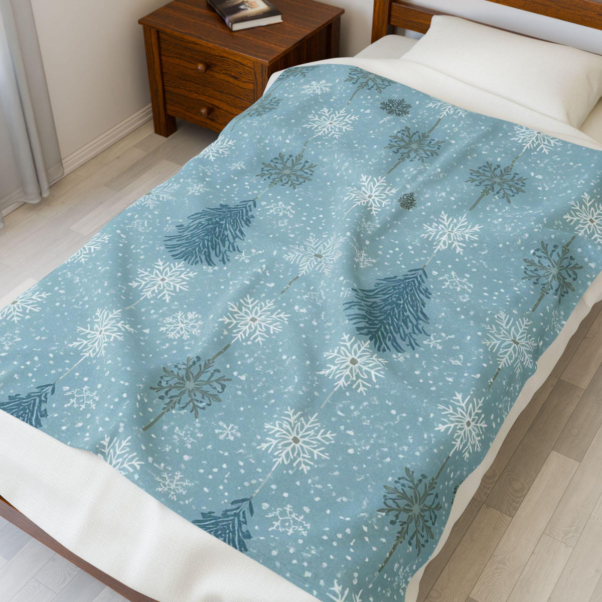 Snowflakes & Pine Trees Velveteen Plush Blanket | Calming Blue Winter Throw | Soft Cozy Blanket Gift for Her | Peaceful Holiday Home Decor