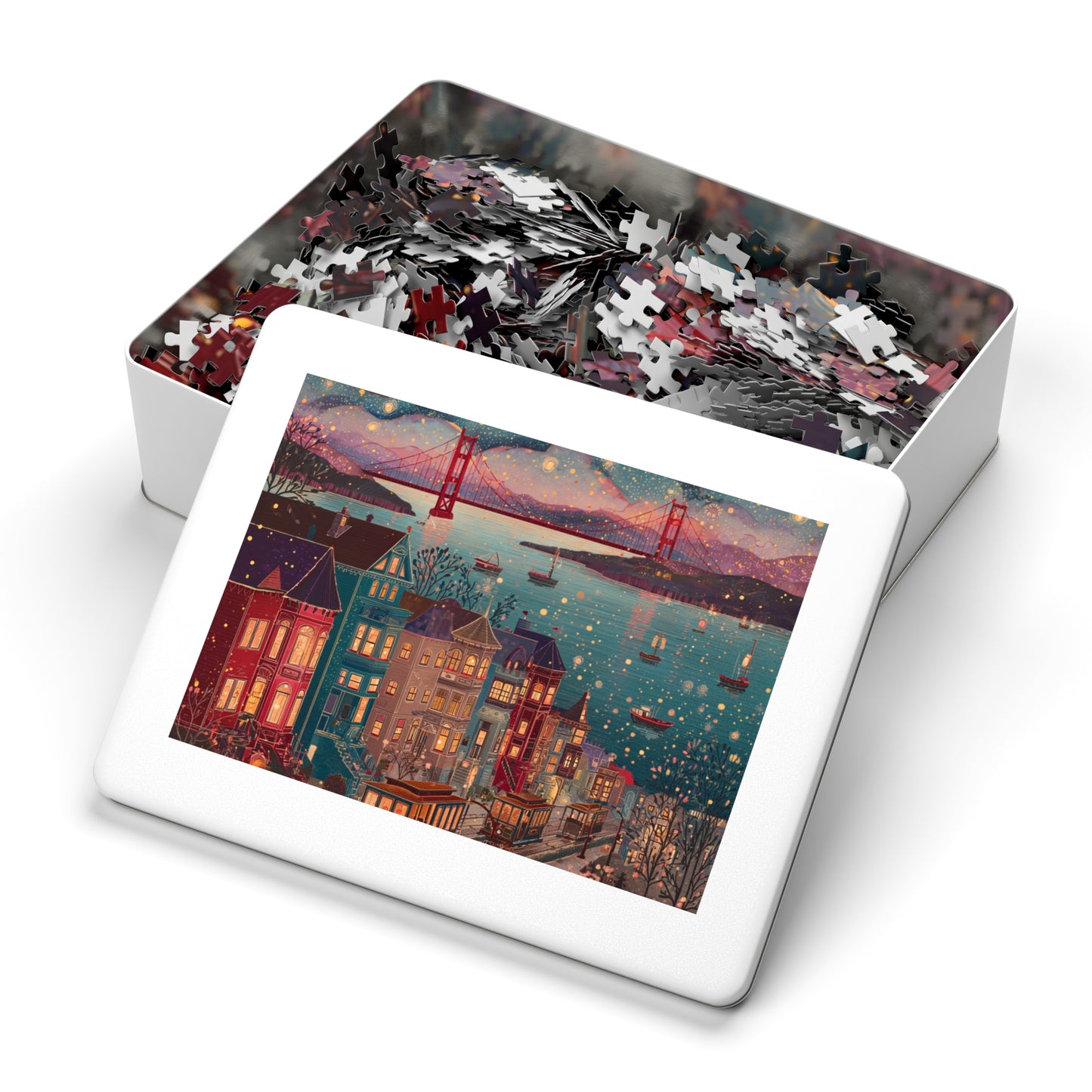 Whimsical San Francisco Puzzle – A Colorful City by the Bay-Jigsaw Puzzle with Tin