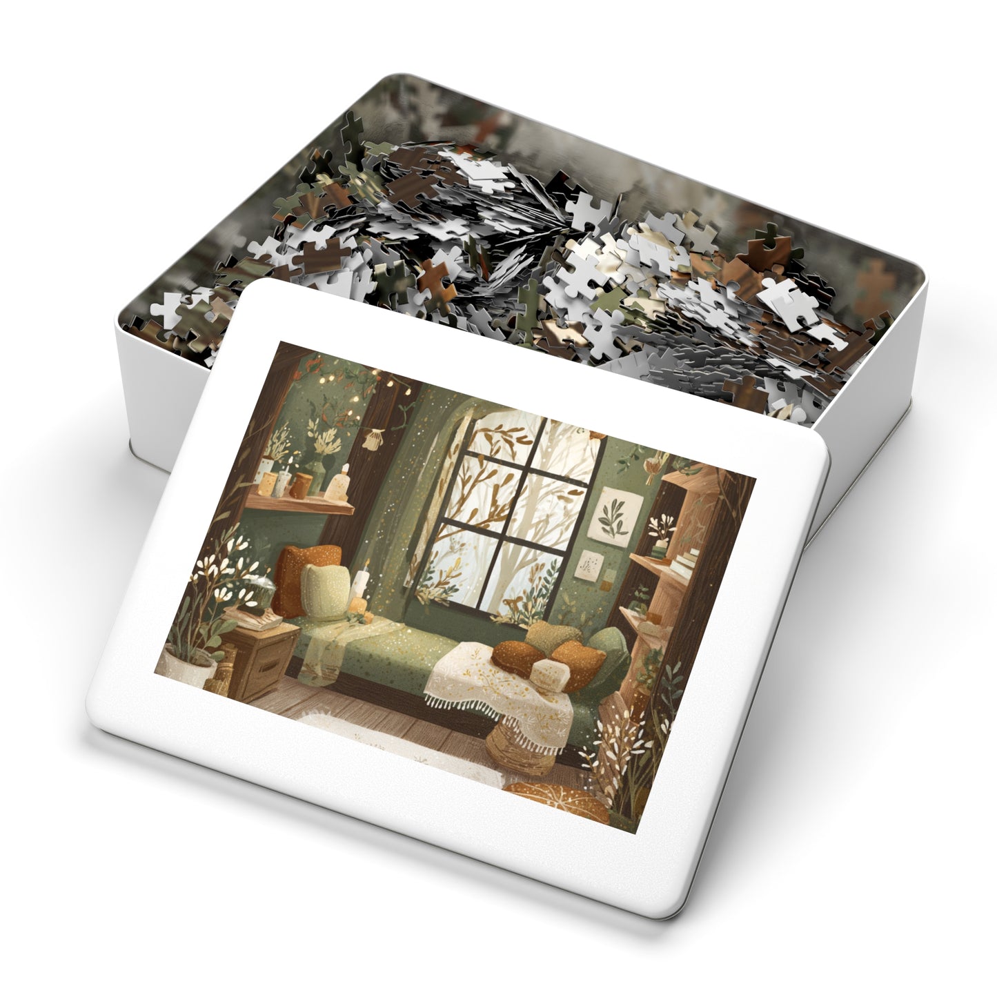 Cozy Green Living Room Reading Nook Jigsaw Puzzle (with Tin)