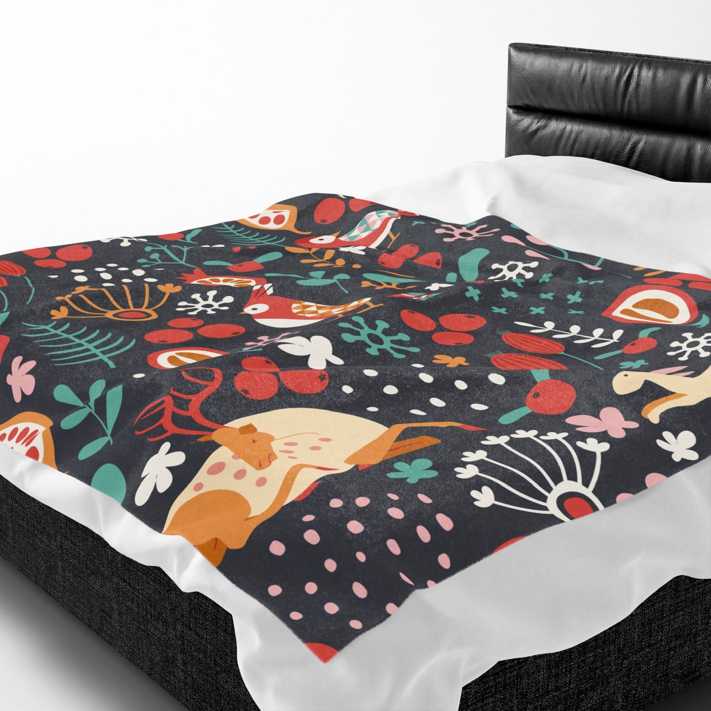 Velveteen Plush Blanket — Whimsical Forest Animals & Berries Throw
