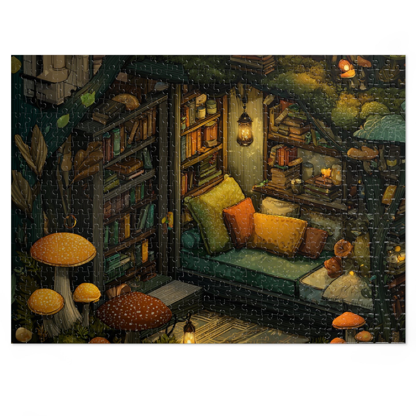 Cozy Mushroom Reading Nook Jigsaw Puzzle with Tin