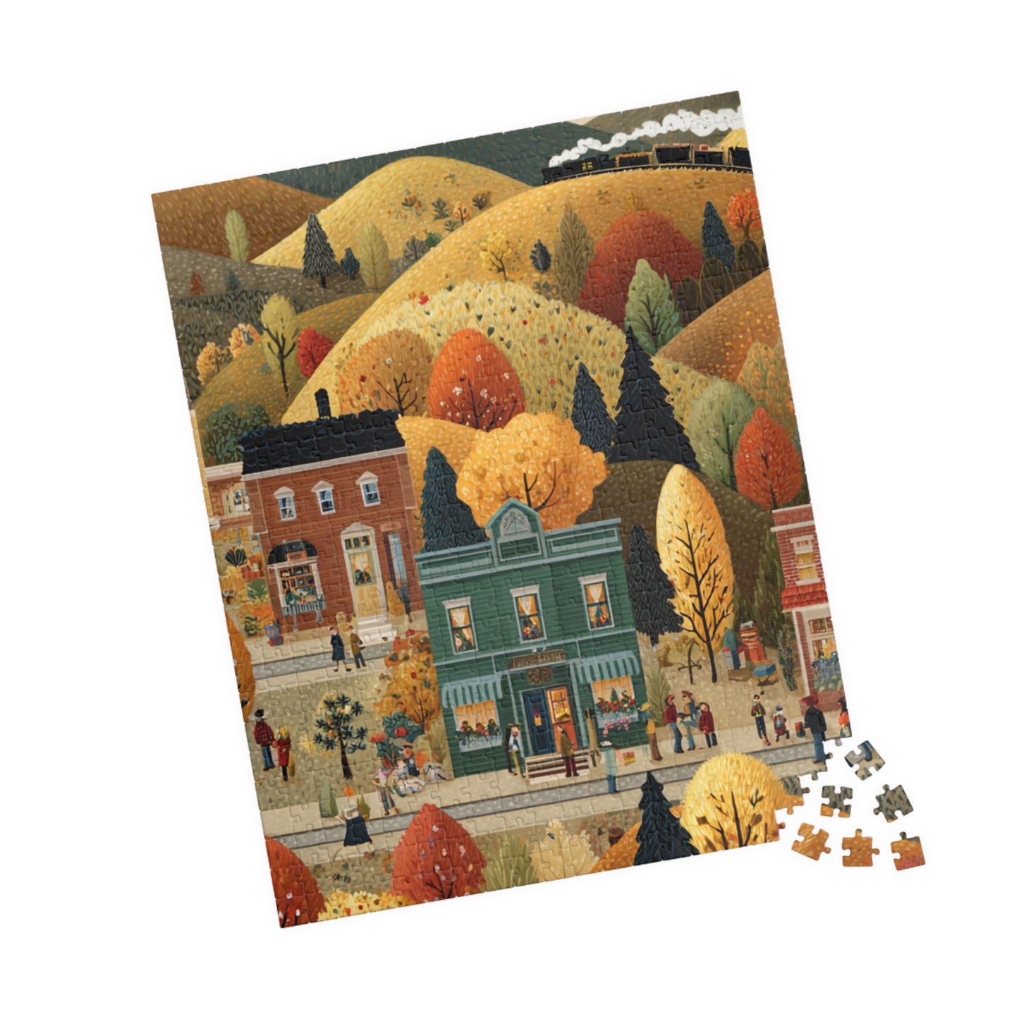 Whispering Pines Village Puzzle | Autumn Mountain Countryside Scene | Cozy Fall Jigsaw Gift | Jazz N’ Coffee Puzzles