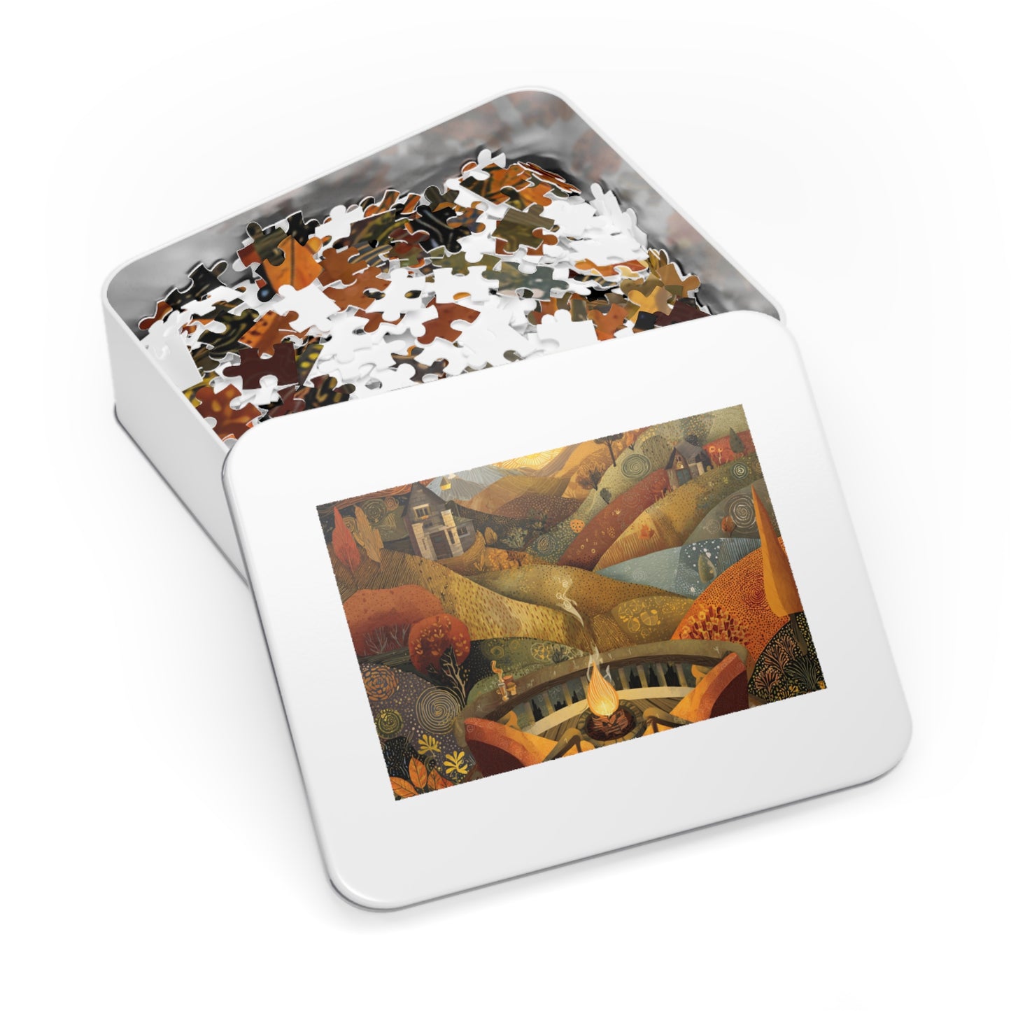 Autumn Fireside Puzzle — 500-Piece Scenic Jigsaw with Tin