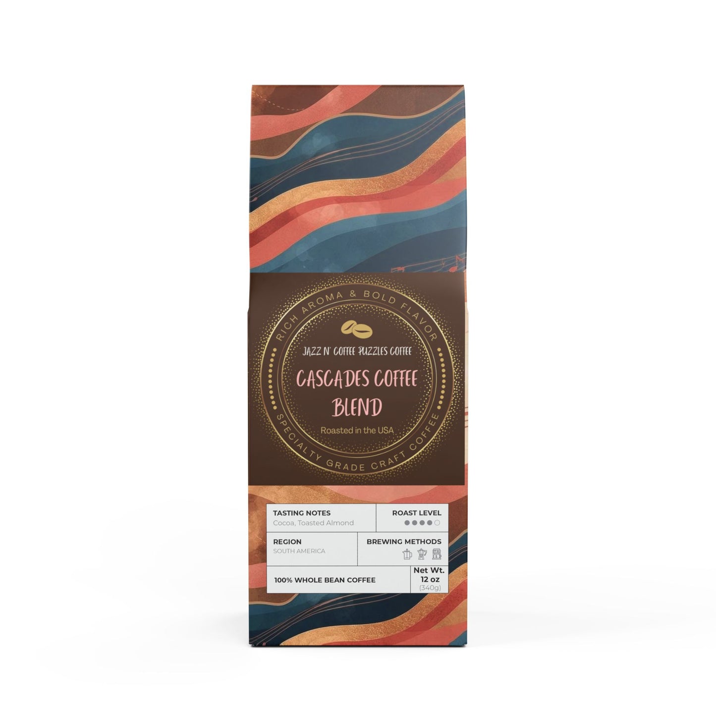 Cascades Coffee Blend, Medium-Dark Roast Coffee, Jazz N’ Coffee Puzzles, Gift for Coffee Lovers