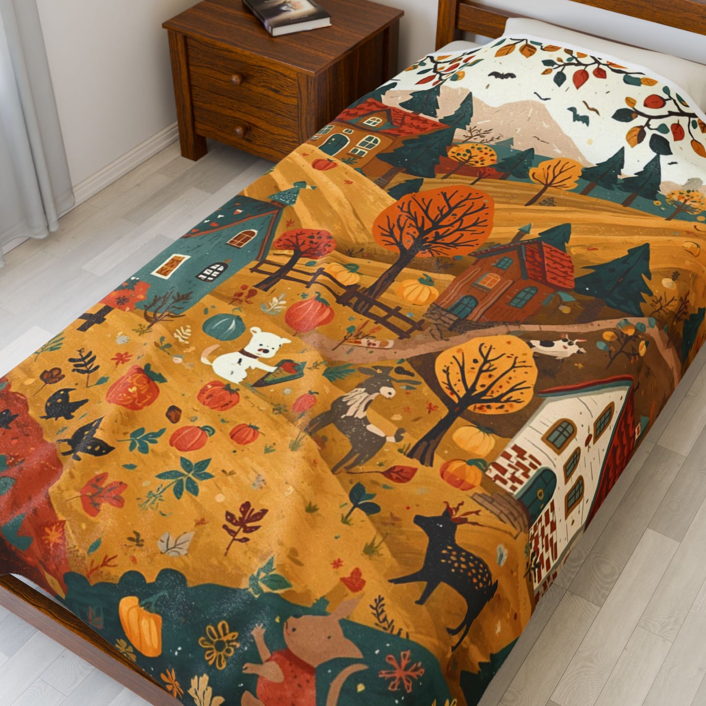 Cozy Autumn Village Velveteen Plush Blanket | Fall Harvest Throw | Soft Plush Blanket Gift | Warm Rustic Home Decor | Pumpkin Season Blanket