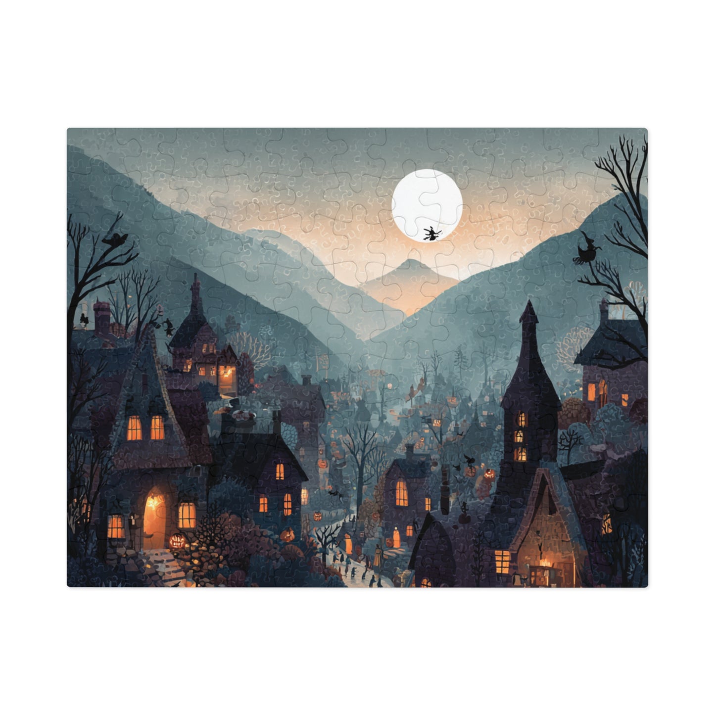 Witchs Coven Village Puzzle, Spooky Halloween Homes, Puzzle with Tin, Halloween Puzzle