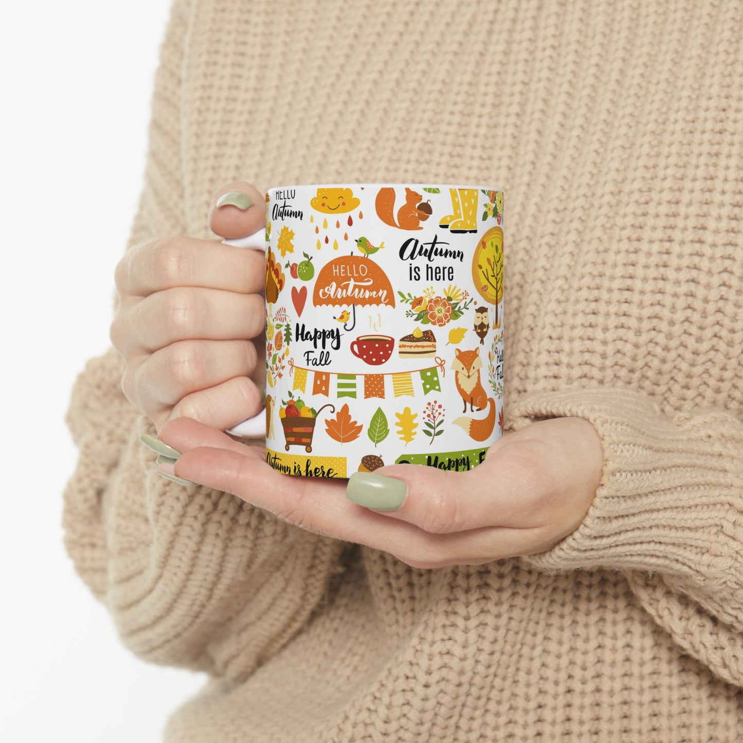 Autumn Is Here Ceramic Mug — Fall Leaves, Fox & Pumpkin Coffee Cup (11oz/15oz)