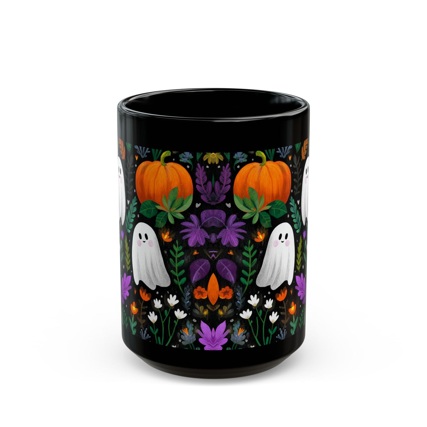 Halloween Black Mug with Cute Ghosts, Pumpkins and Flowers, 11 oz and 15 oz, Fall Decor, Spooky Gift, Autumn Mug, Halloween Celebration