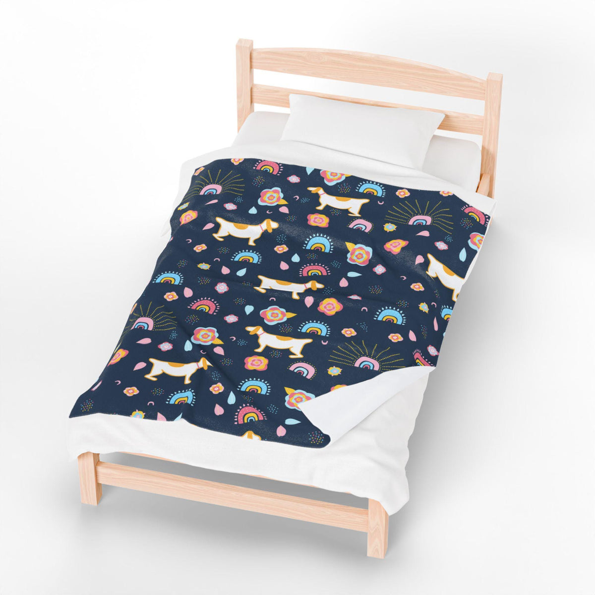 Whimsical Dog & Rainbow Velveteen Plush Blanket | Colorful Navy Blue Throw | Playful Home Decor | Warm Fleece