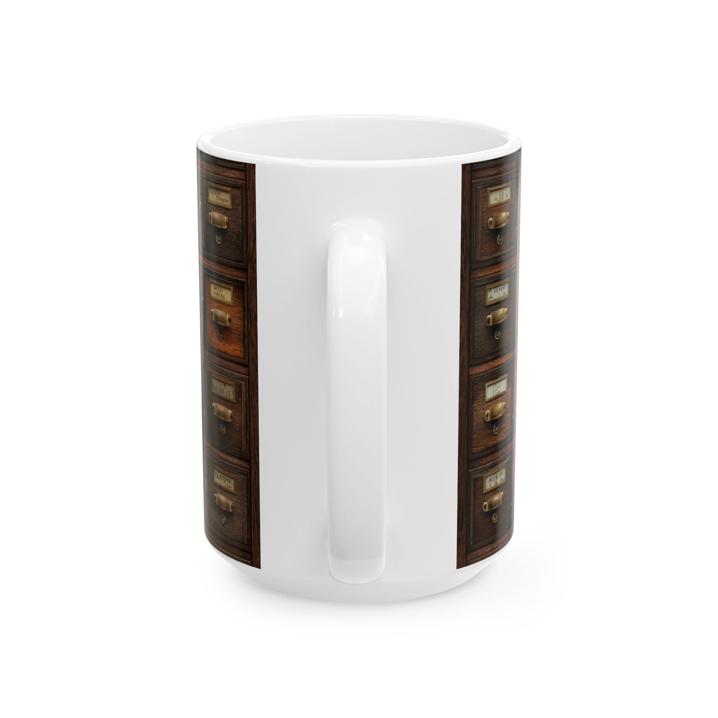 Vintage Library Card Catalog Mug — Antique Wooden Drawer Pattern Ceramic Coffee Cup (11oz/15oz)