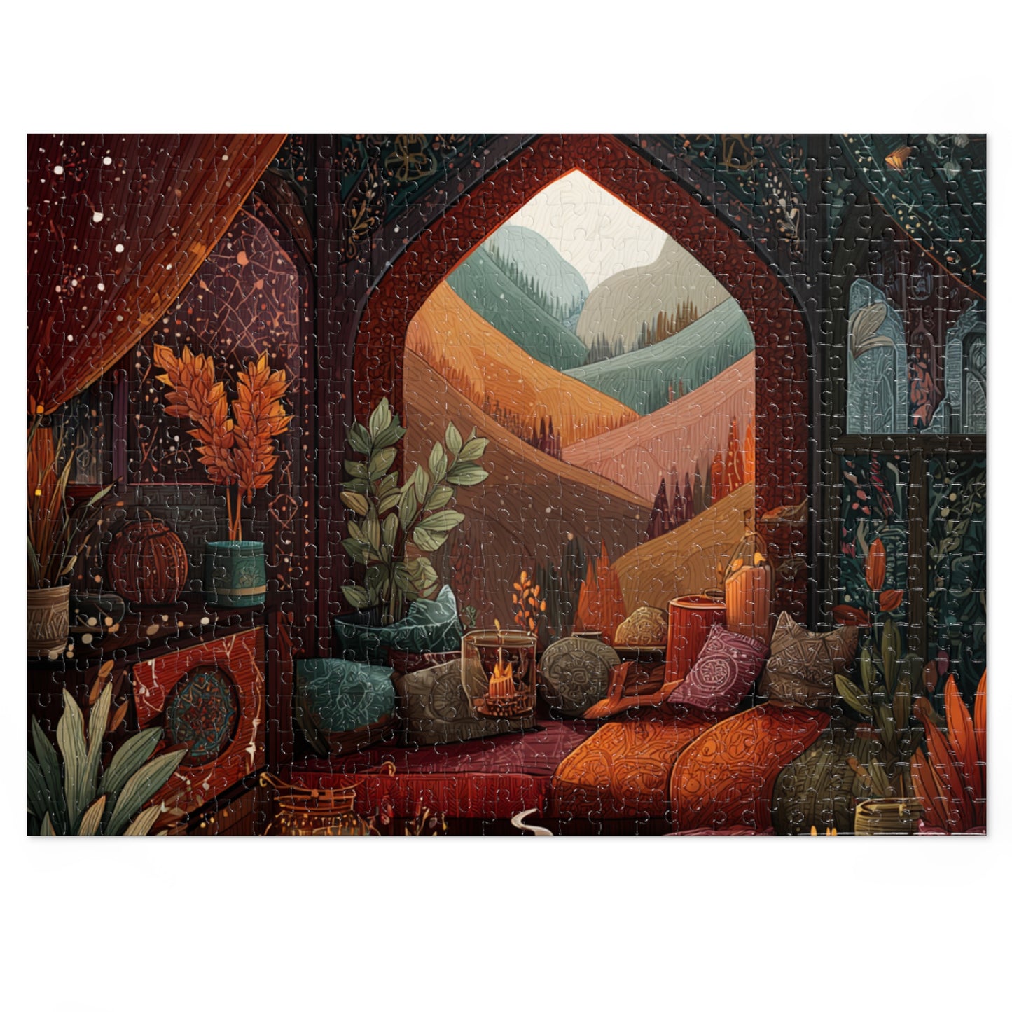 Cozy Autumn Window View Jigsaw Puzzle — 500-Piece Scenic Puzzle with Tin