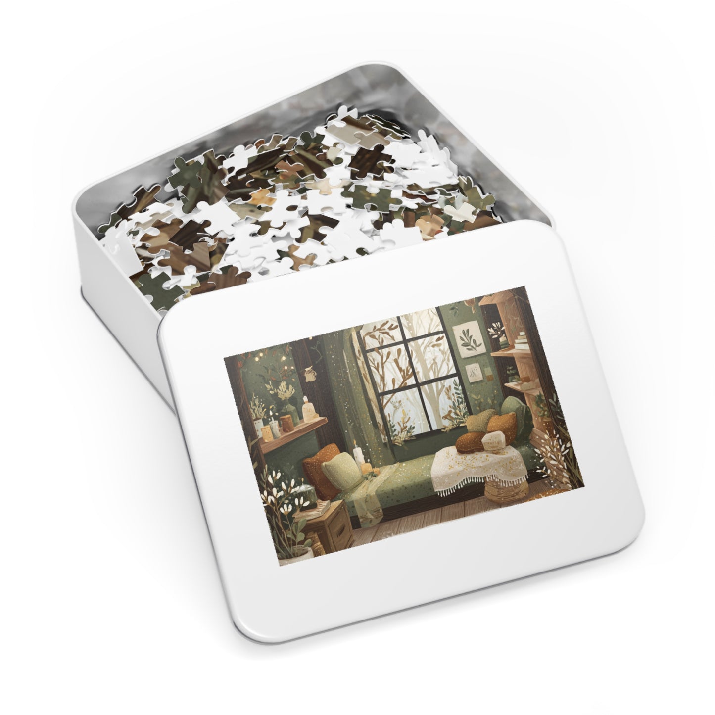 Cozy Green Living Room Reading Nook Jigsaw Puzzle (with Tin)