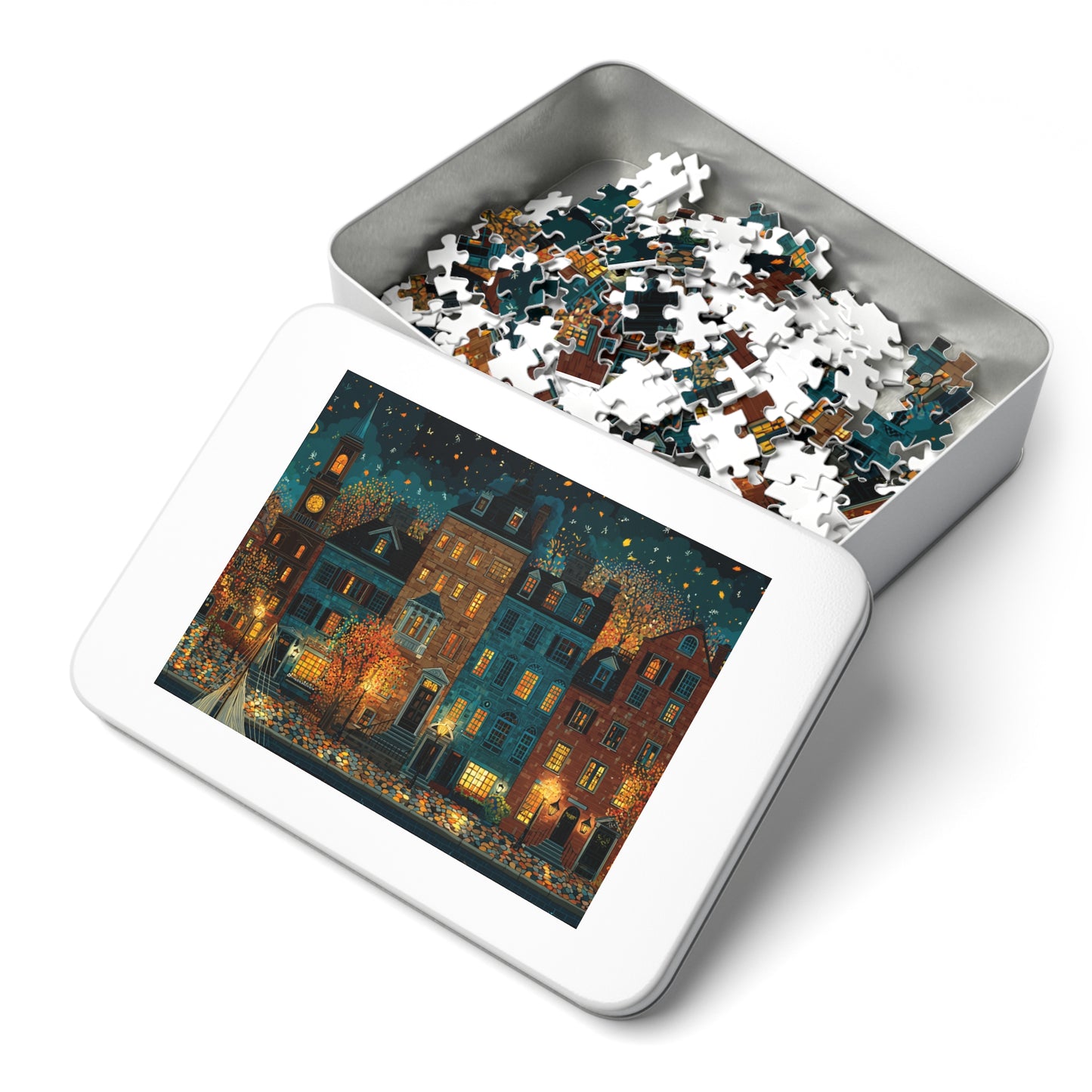 Whimsical Pennsylvania Fall Neighborhood Puzzle – A Cozy Autumn Escape Jigsaw Puzzle with Tin