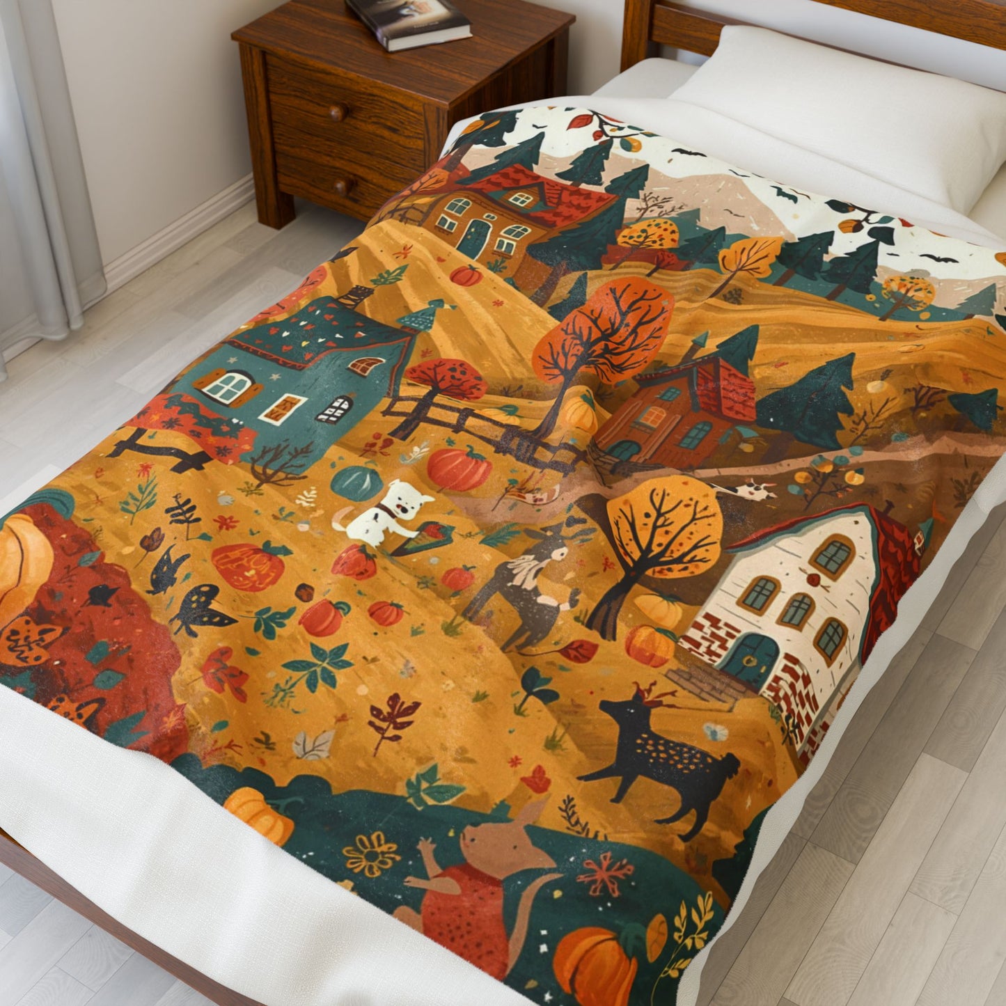 Cozy Autumn Village Velveteen Plush Blanket | Fall Harvest Throw | Soft Plush Blanket Gift | Warm Rustic Home Decor | Pumpkin Season Blanket