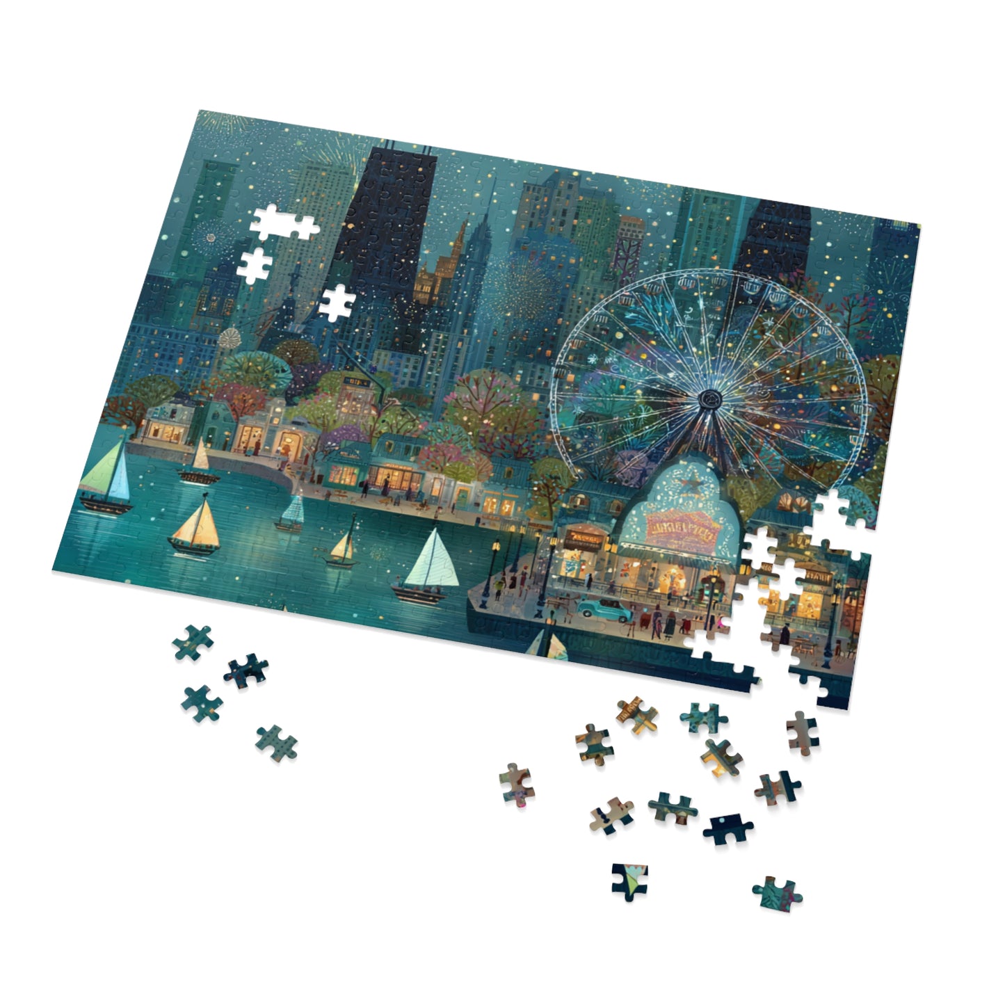 Seattle Waterfront Whimsical Jigsaw Puzzle with Tin