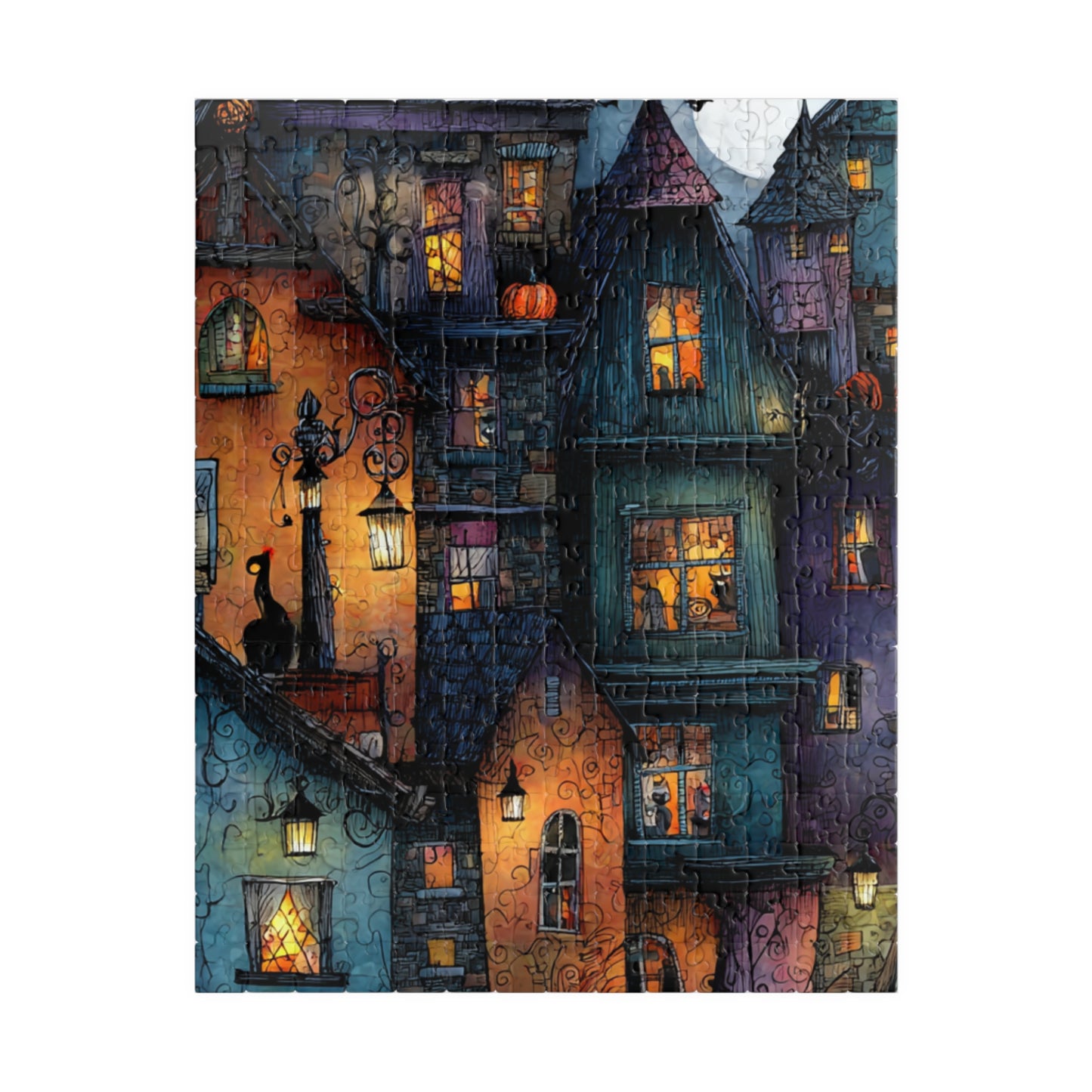Spookington Village Puzzle Collection, Creepy Halloween Town with Black Cats in Windows, Whimsical & Spooky Jigsaw Halloween Themed Puzzle
