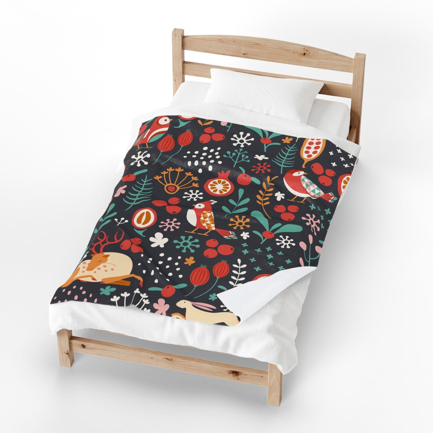 Velveteen Plush Blanket — Whimsical Forest Animals & Berries Throw