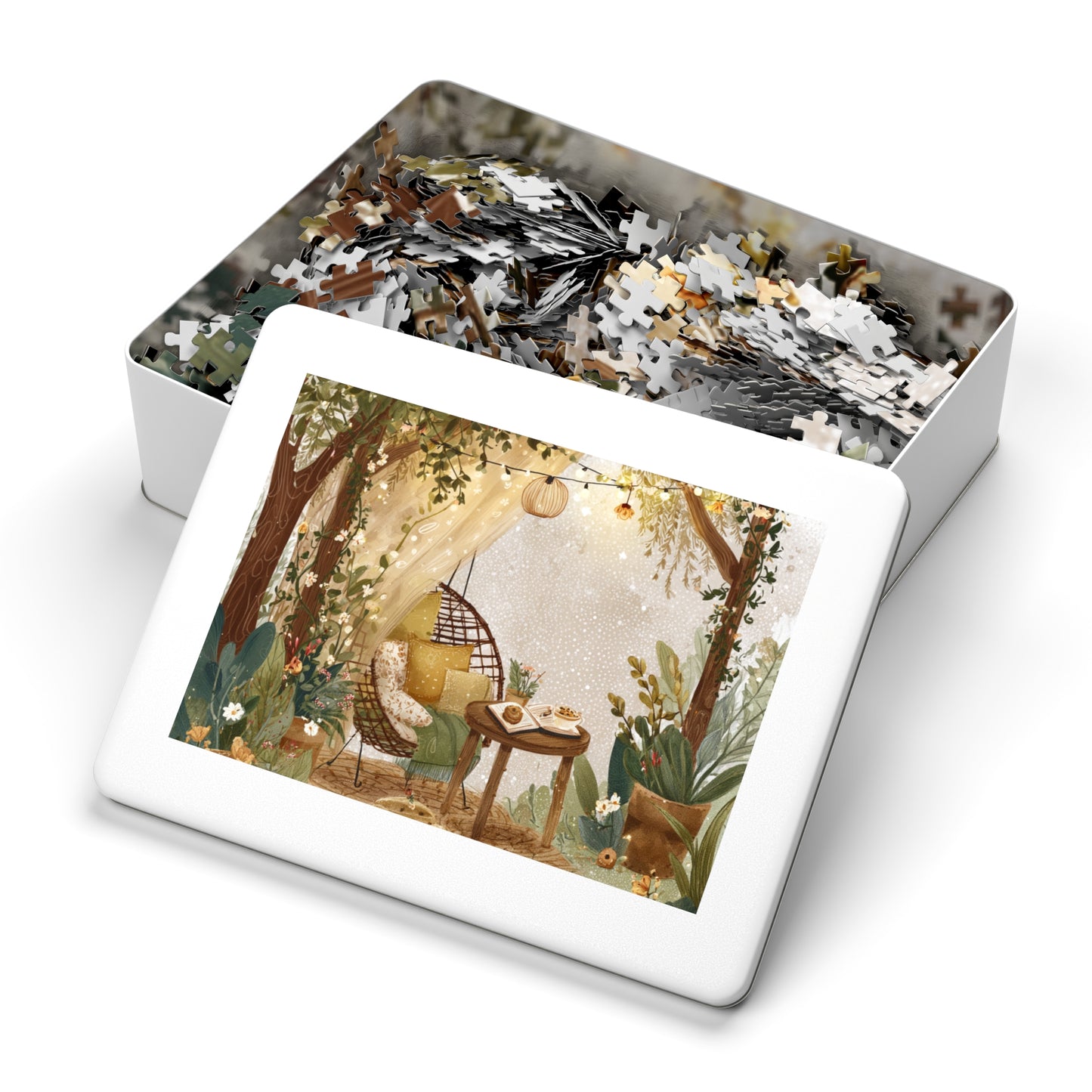 Cozy Garden Retreat Jigsaw Puzzle with Tin – 500-Piece Tranquil Reading Nook Scene