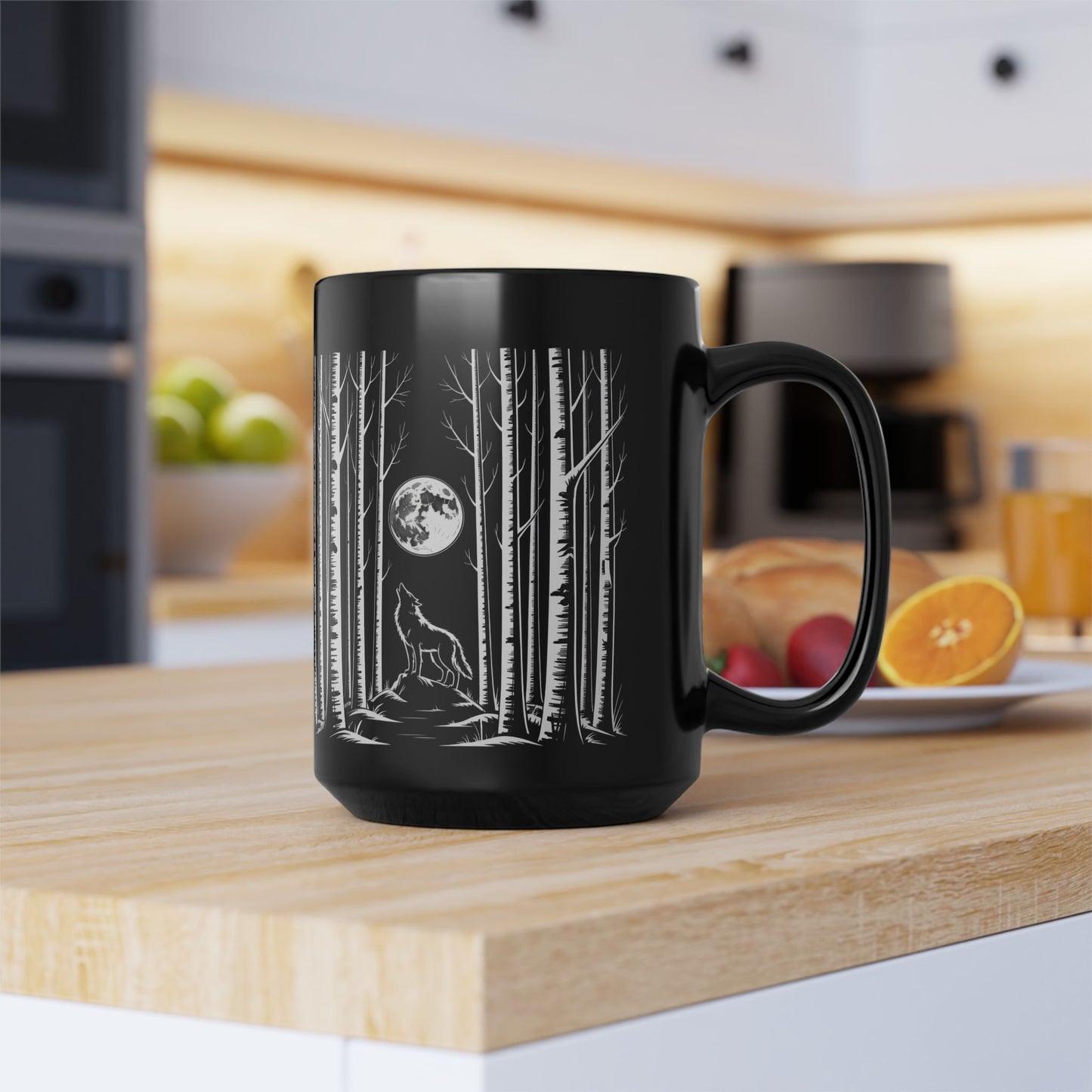 Wolf Howling at the Moon Forest Mug — Black Ceramic Coffee Cup (11oz, 15oz)
