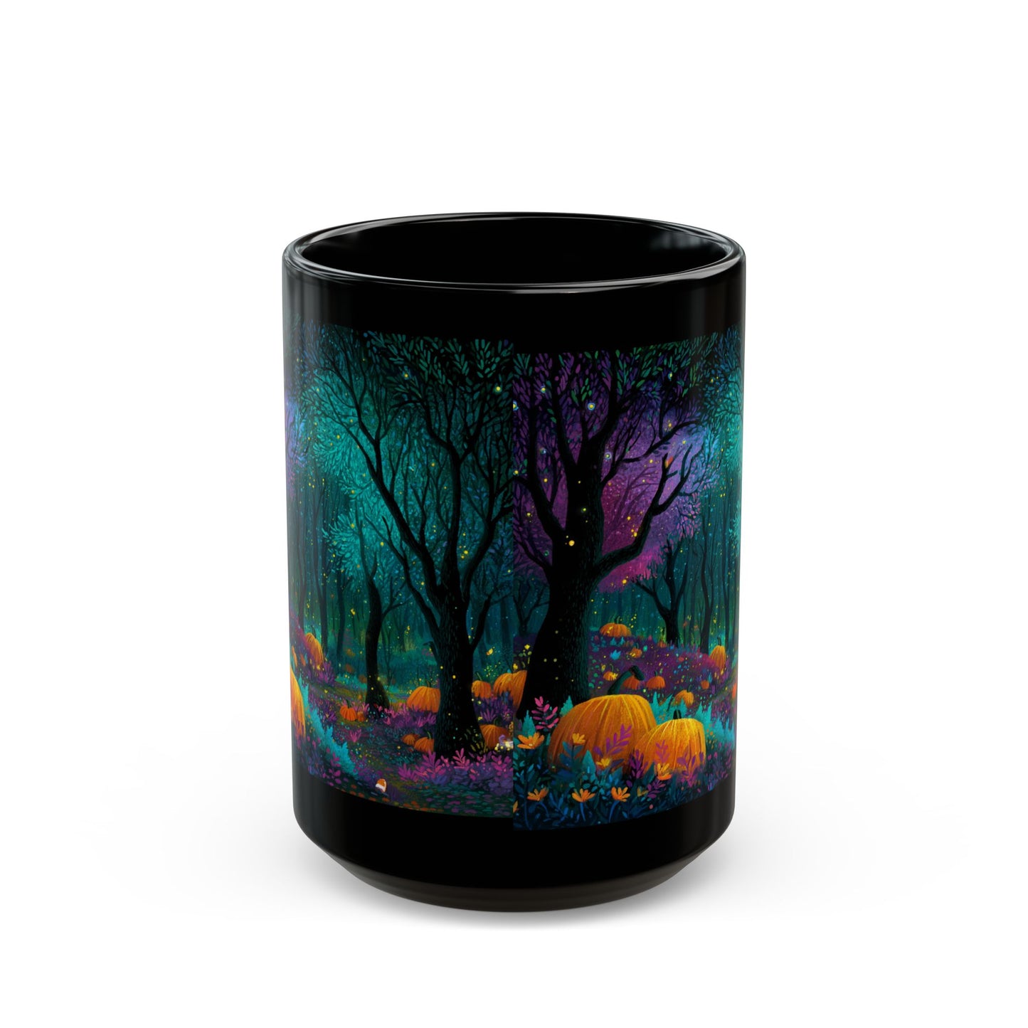 Black Mug with Enchanted Magical Forest, Halloween Coffee Cup, Spooky Autumn Drinkware, 11oz and 15oz