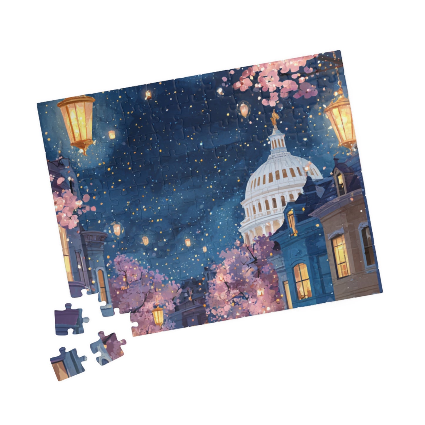 Cherry Blossom Night Skyline Puzzle — Washington Capitol Evening Jigsaw (110–1014 pcs)