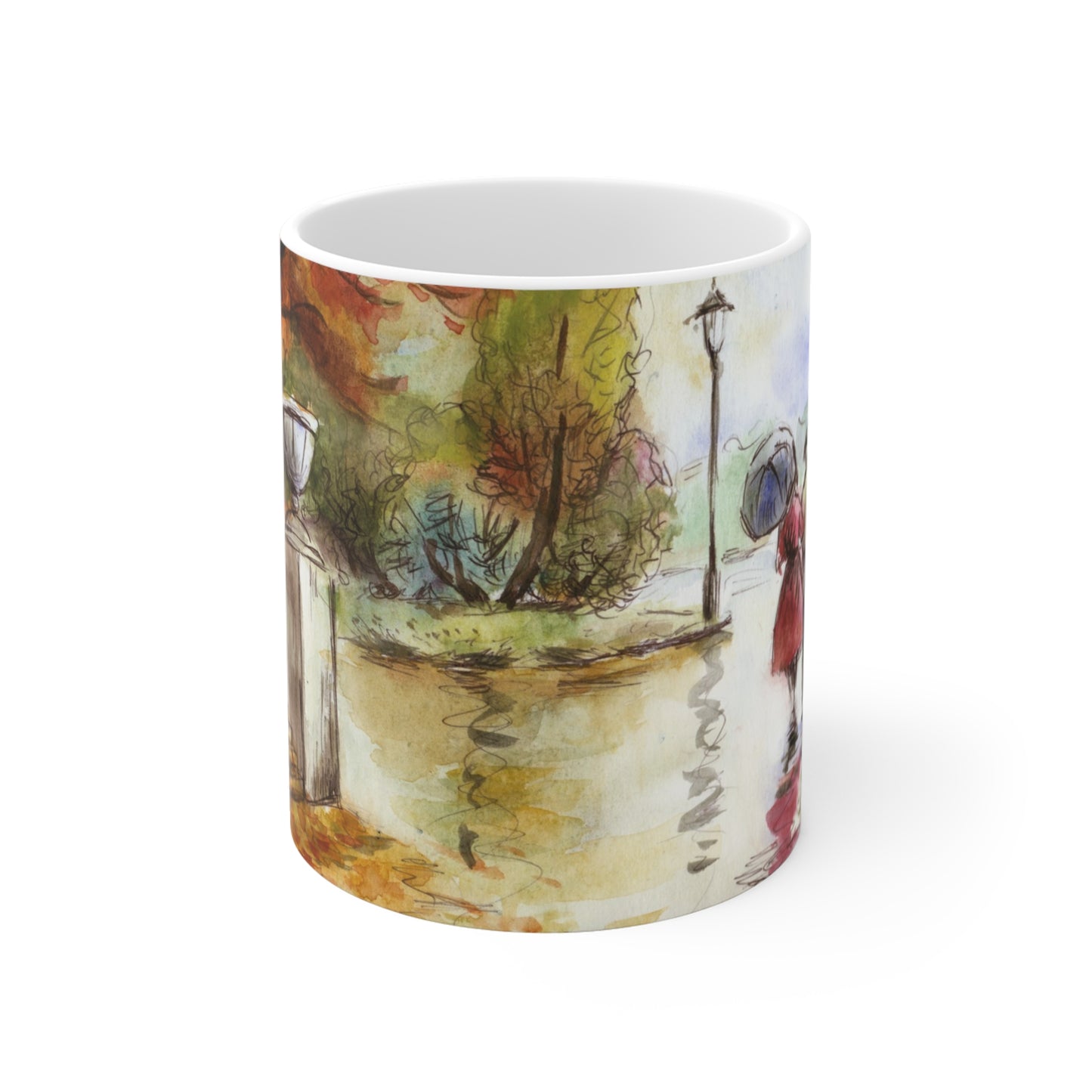 Romantic Autumn Stroll Coffee Mug — 11oz Scenic Park Watercolor Mug