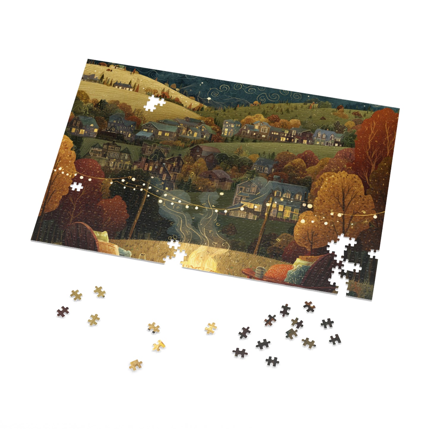 Cozy Hillside Evening Jigsaw Puzzle with Tin — Scenic Campfire Village Puzzle