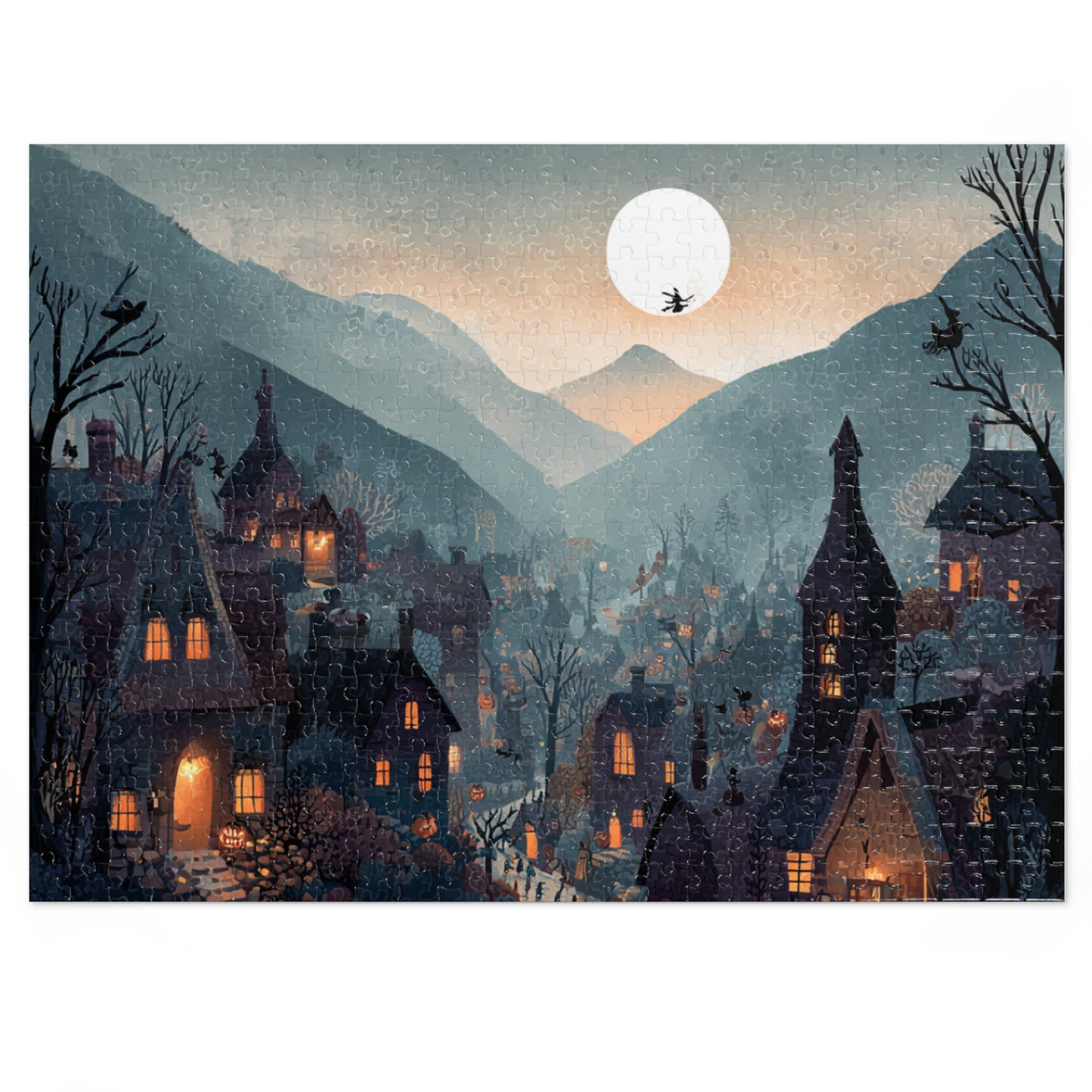 Witchs Coven Village Puzzle, Spooky Halloween Homes, Puzzle with Tin, Halloween Puzzle