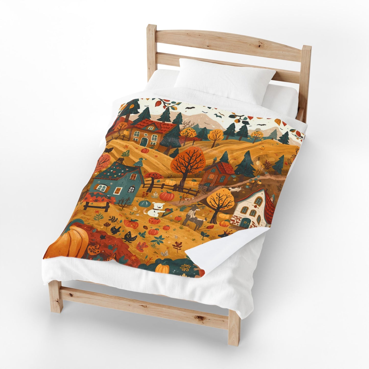 Cozy Autumn Village Velveteen Plush Blanket | Fall Harvest Throw | Soft Plush Blanket Gift | Warm Rustic Home Decor | Pumpkin Season Blanket