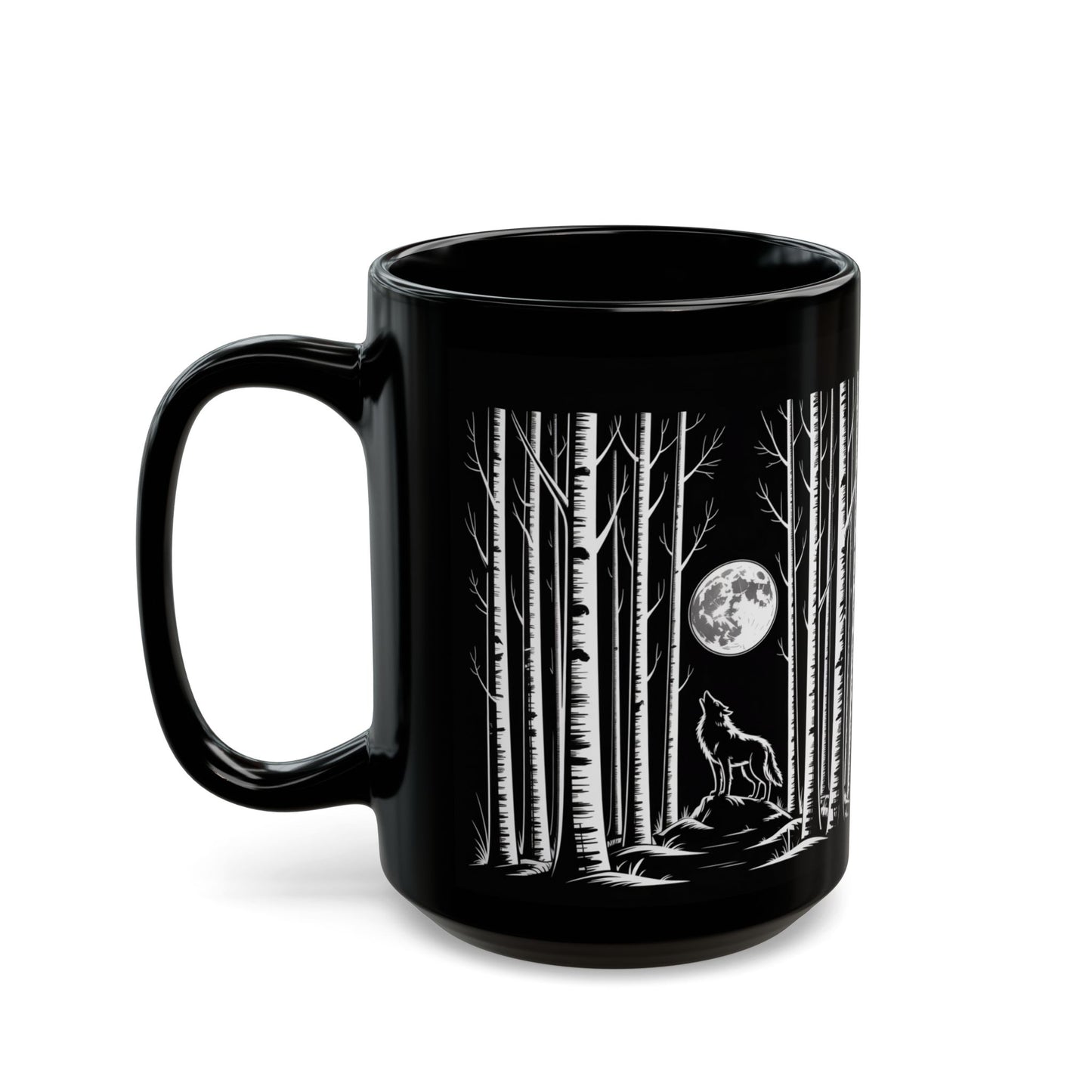 Wolf Howling at the Moon Forest Mug — Black Ceramic Coffee Cup (11oz, 15oz)