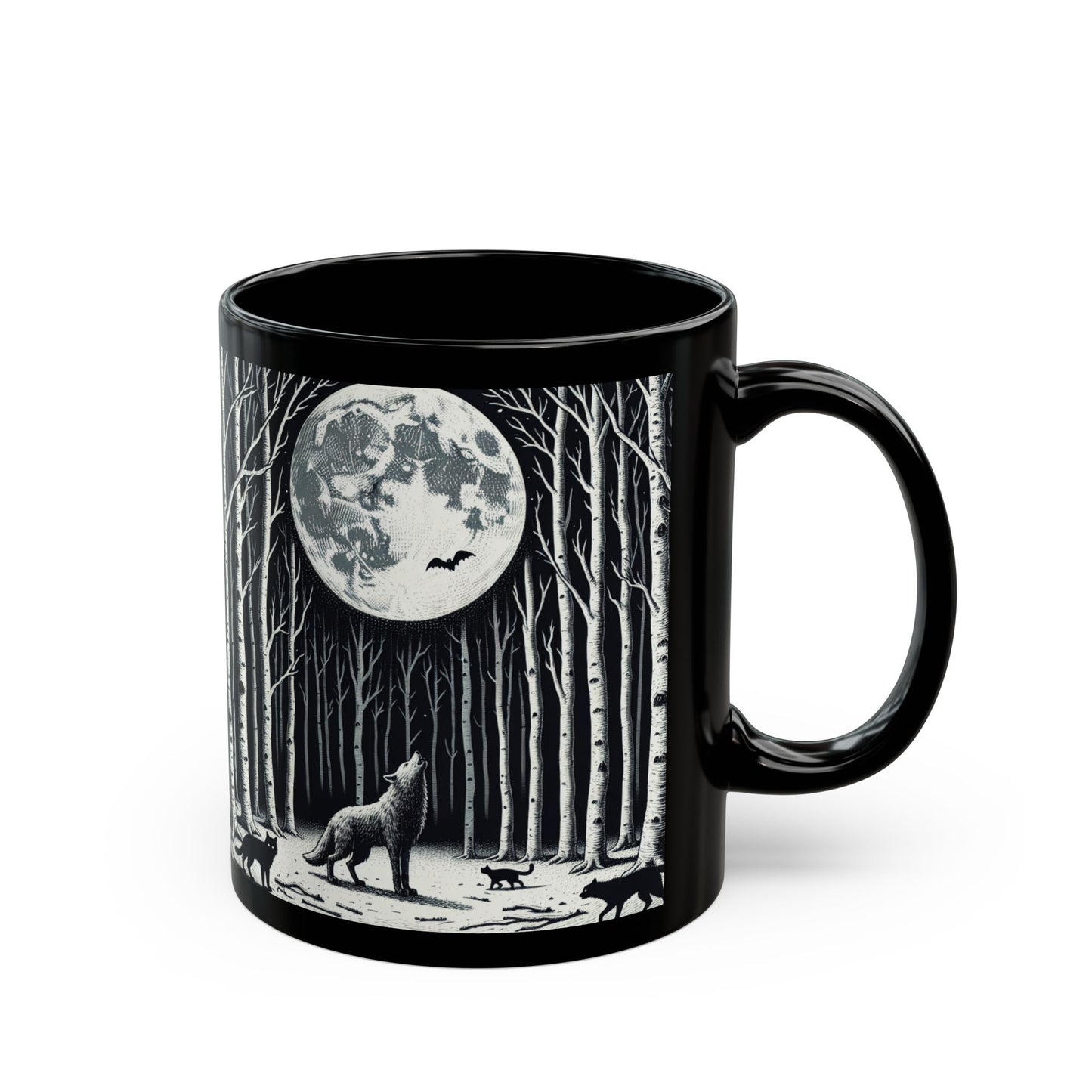 Mystical Moonlit Forest Mug with Wolf and Black Cat, Black Coffee Cup, Forest Lovers Gift, Perfect for Halloween