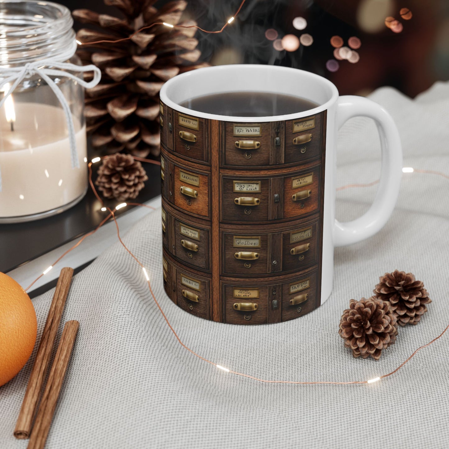 Vintage Library Card Catalog Mug — Antique Wooden Drawer Pattern Ceramic Coffee Cup (11oz/15oz)