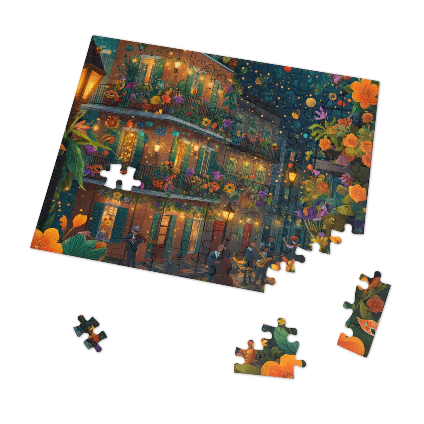 Whimsical New Orleans Jazz Puzzle – A Colorful Night in the Crescent City Jigsaw Puzzle with Tin