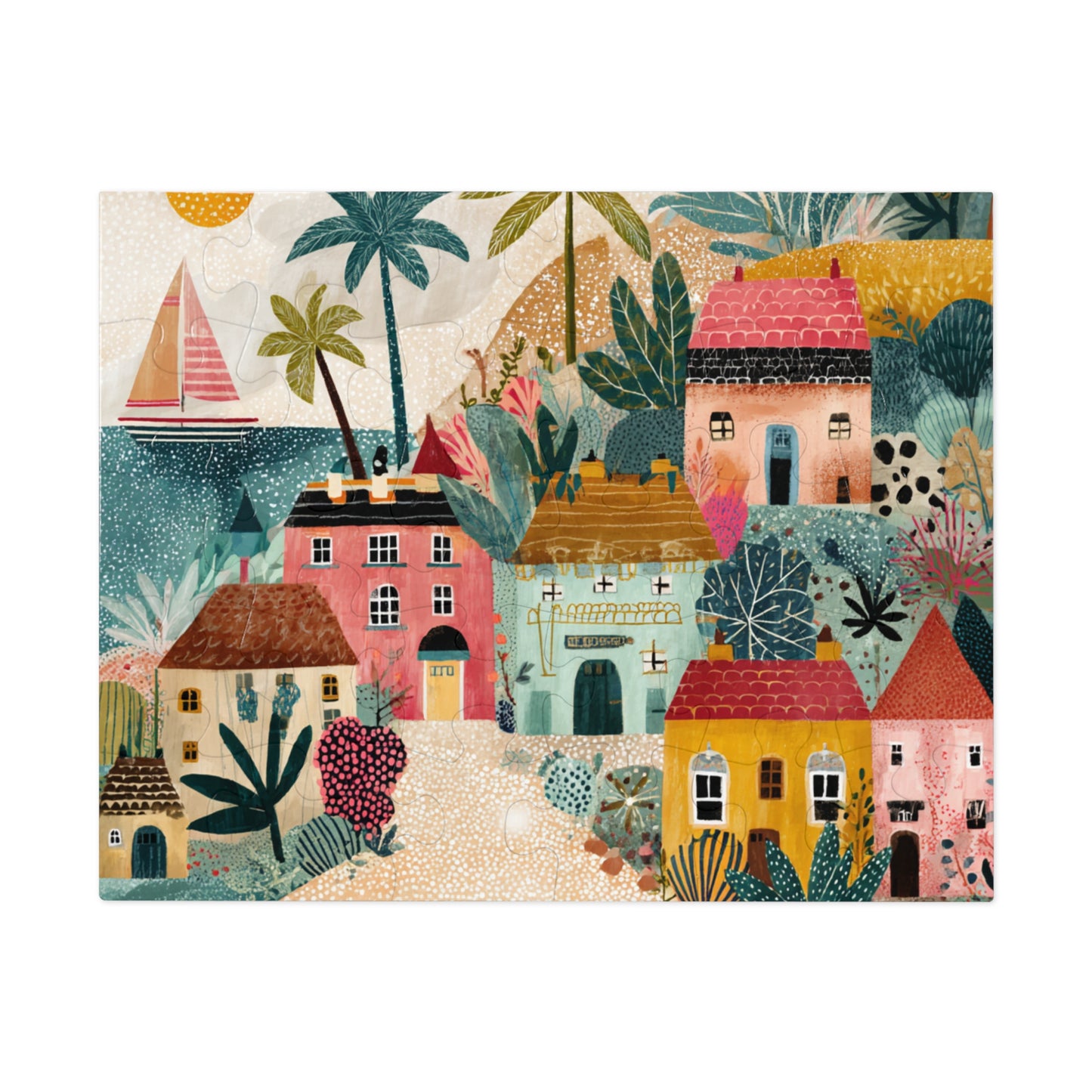 Colorful Coastal Village Jigsaw Puzzle with Tin – Fun Family Activity, Whimsical Folk Art Puzzle, Gift for All Ages