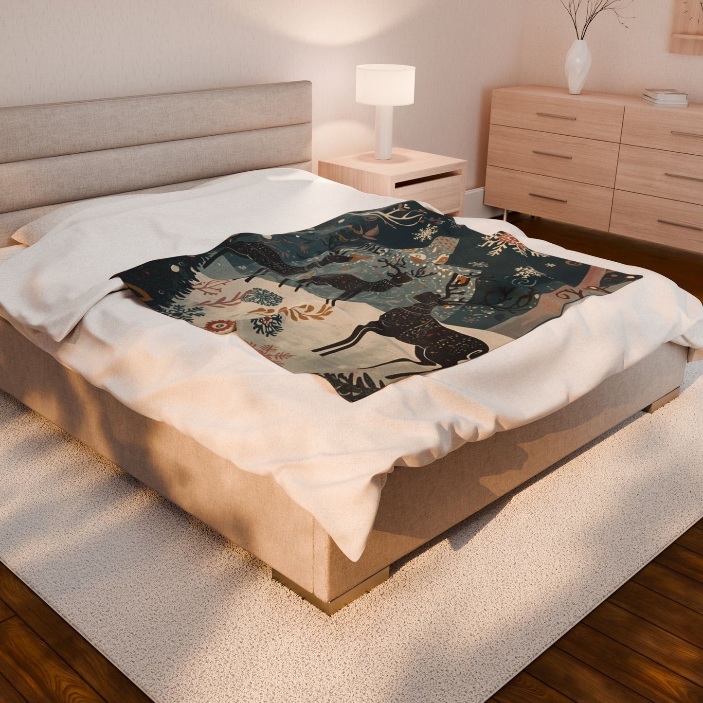 Whimsical Winter Deer Velveteen Plush Blanket | Cozy Woodland Throw | Soft Warm Blanket Gift| Snowflake & Deer Decor | Winter Home Accent