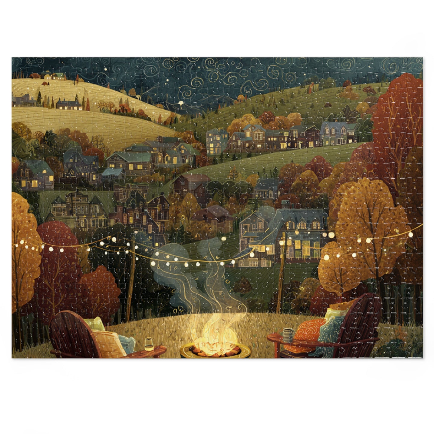 Cozy Hillside Evening Jigsaw Puzzle with Tin — Scenic Campfire Village Puzzle