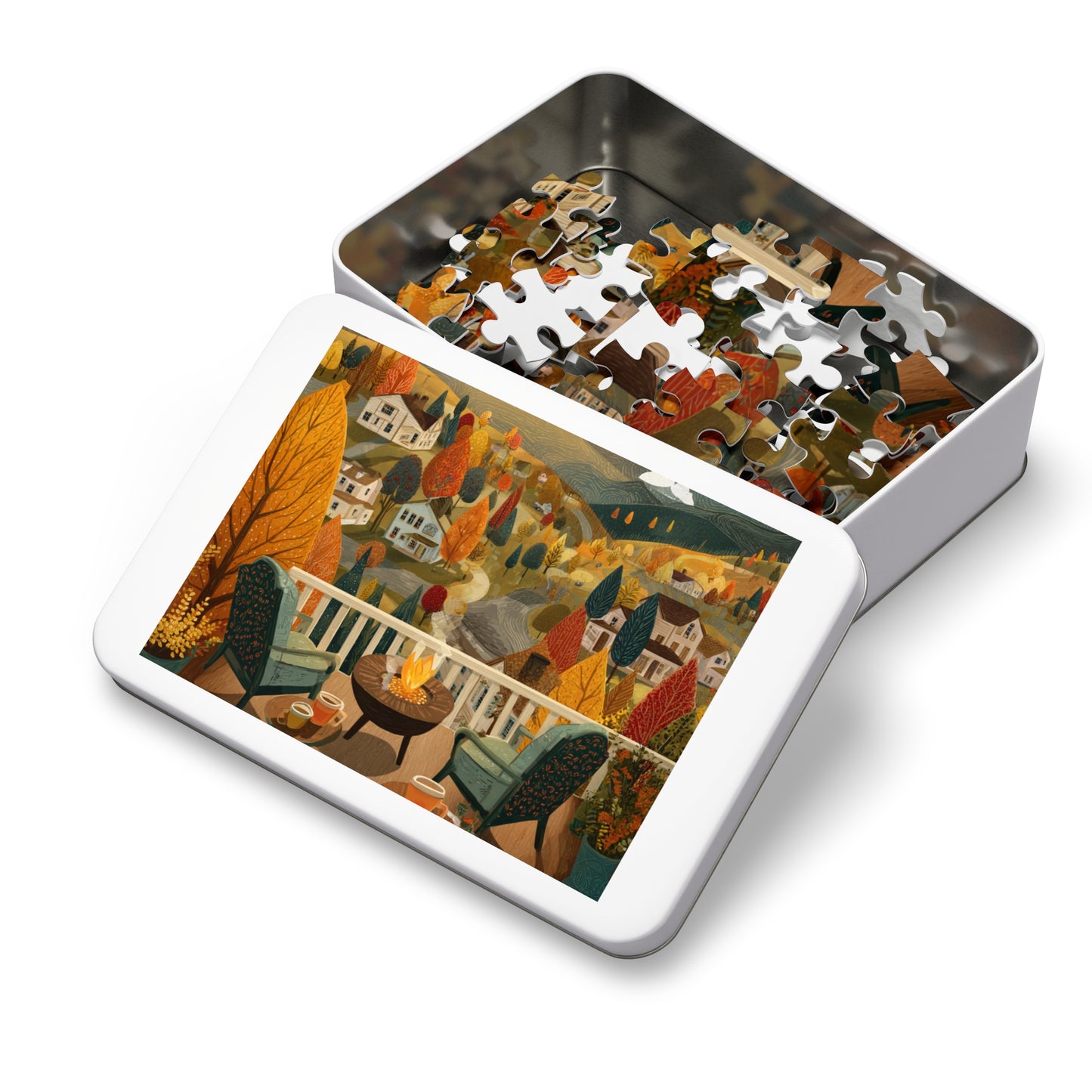 Autumn Porch Scene Jigsaw Puzzle with Tin — Cozy Fall Landscape 500pc