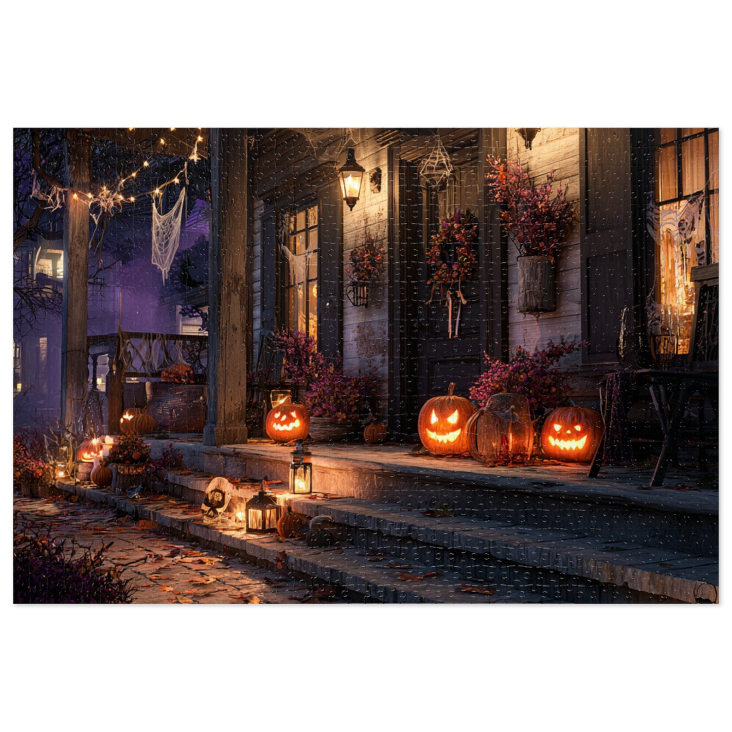Haunted Halloween Porch Puzzle with Tin, 30, 110, 252, 500, 1000 and 2000-piece variations, Puzzle for Halloween Lovers