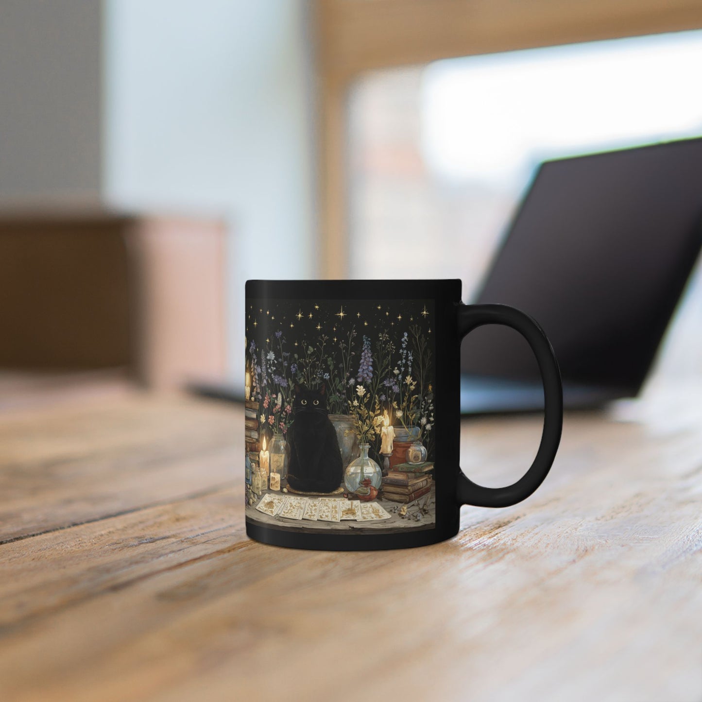 Witchy Black Cat Alchemy Mug — Candlelit Potions & Starry Books (11oz/15oz)