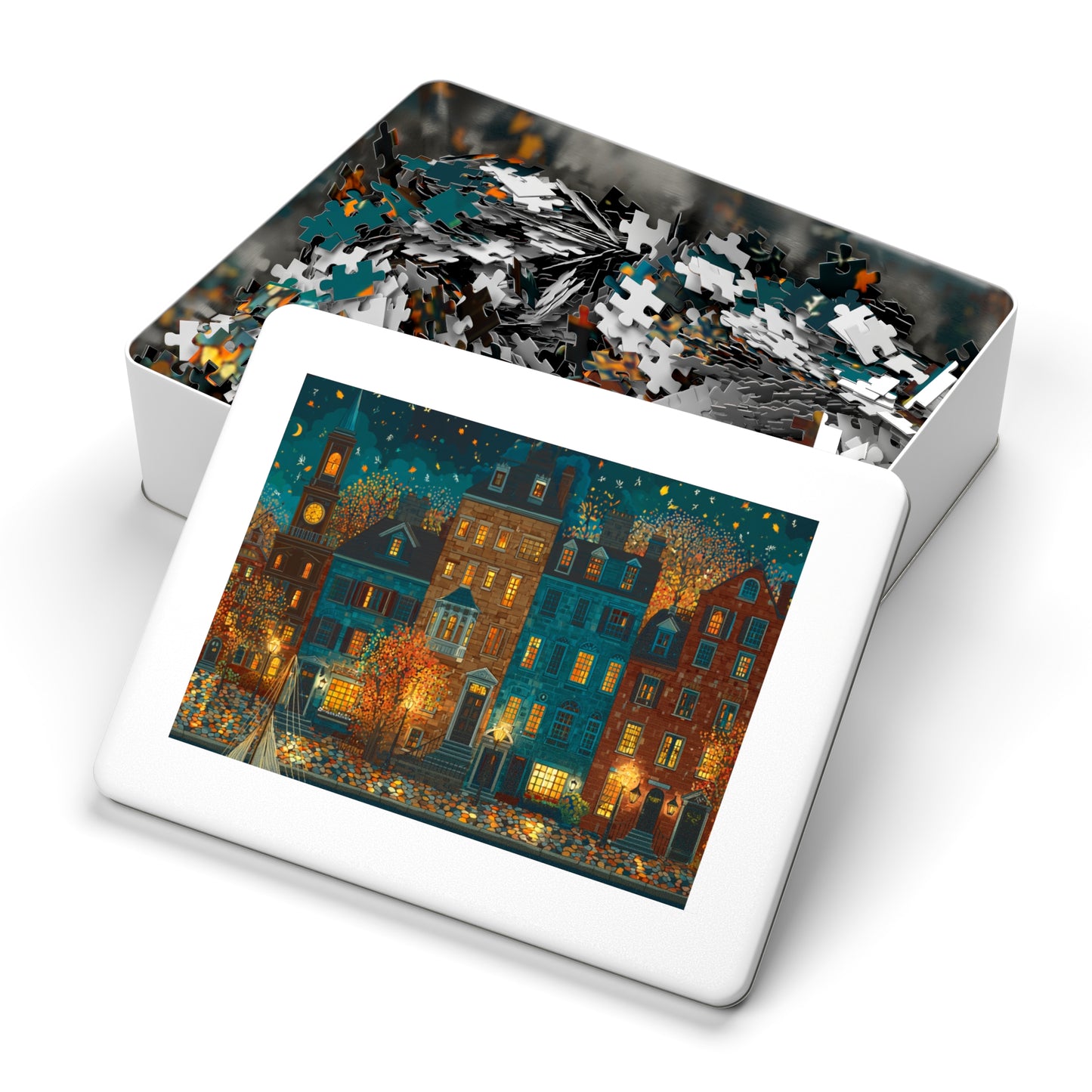 Whimsical Pennsylvania Fall Neighborhood Puzzle – A Cozy Autumn Escape Jigsaw Puzzle with Tin