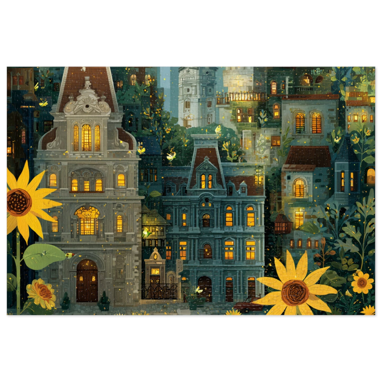Whimsical Philadelphia Cityscape Sunflower Jigsaw Puzzle with Tin