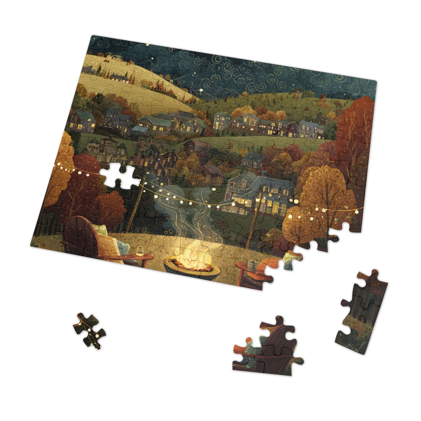 Cozy Hillside Evening Jigsaw Puzzle with Tin — Scenic Campfire Village Puzzle