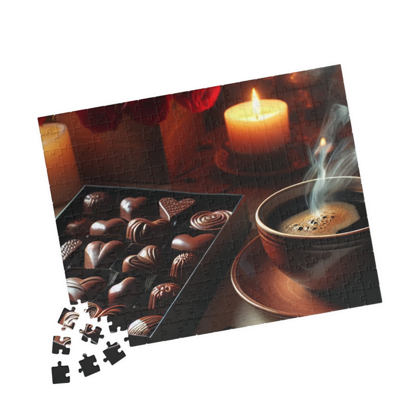 Valentine’s Indulgence Jigsaw Puzzle – Cozy Chocolate, Coffee & Candlelight Scene, Perfect Romantic Gift