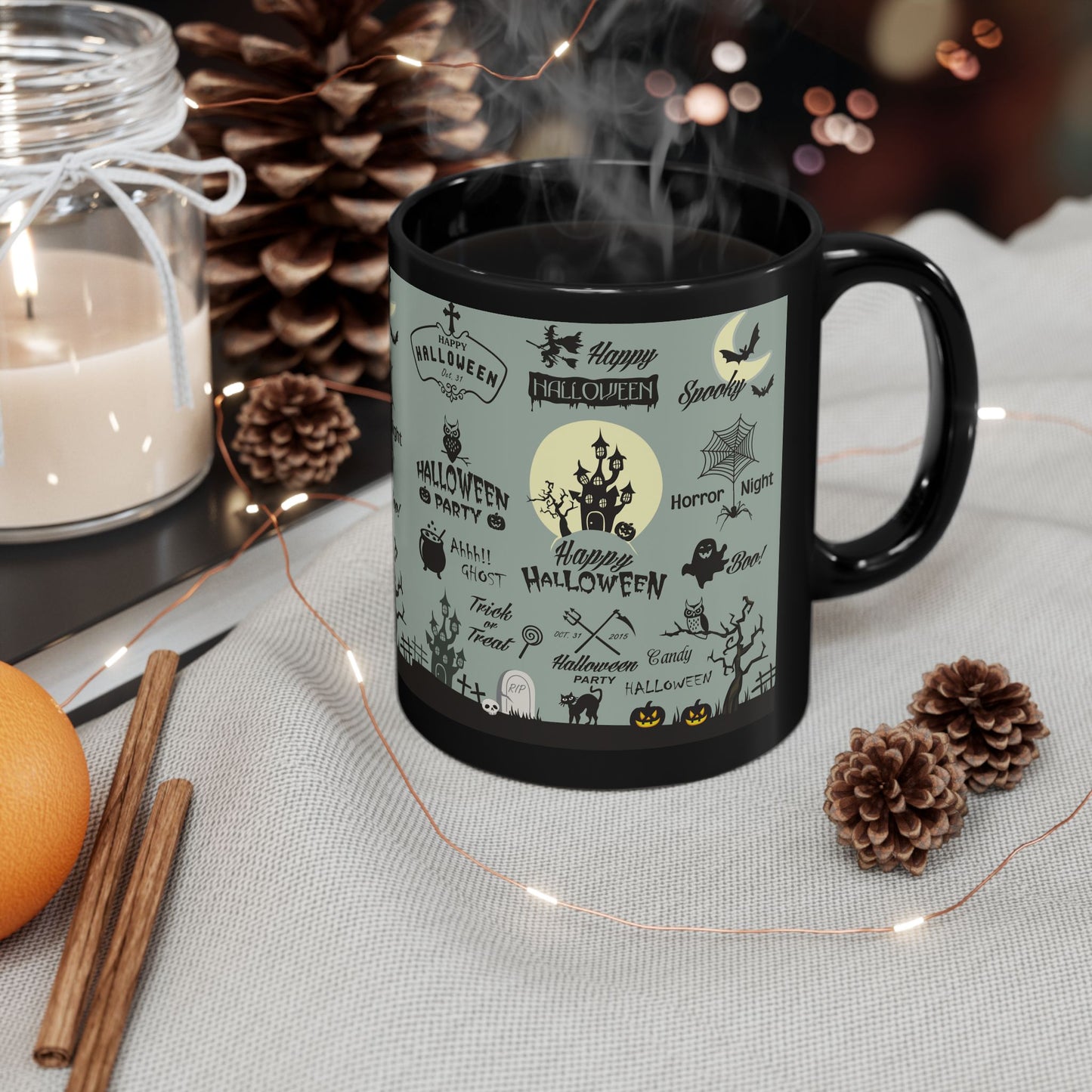 Halloween-Themed Black Mug, Spooky Coffee Cup, Ideal for Halloween Parties, Boo Lover Gift, Autumn Decor